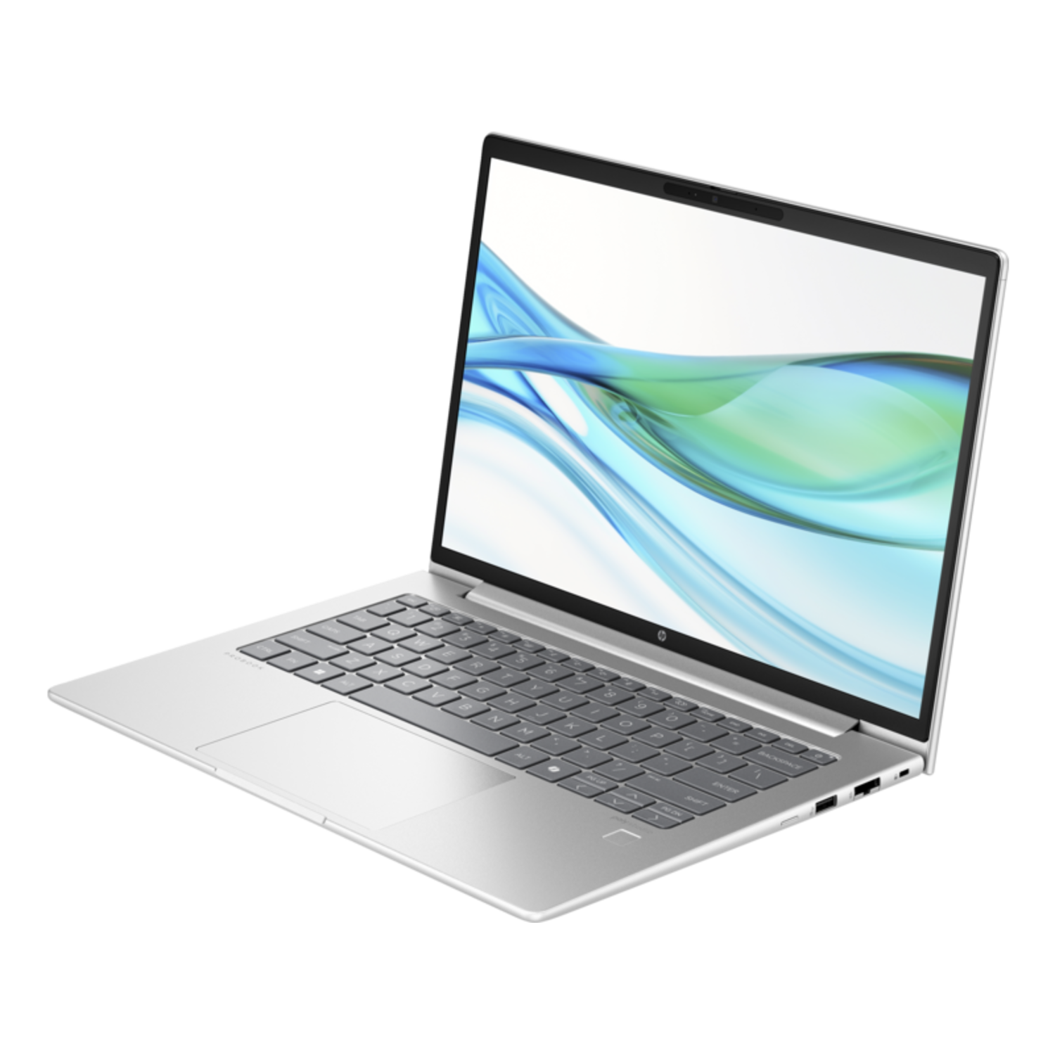 Zilveren laptop op een zwart oppervlak. Scherm toont een groen en blauw ontwerp. Toetsenbord zichtbaar.