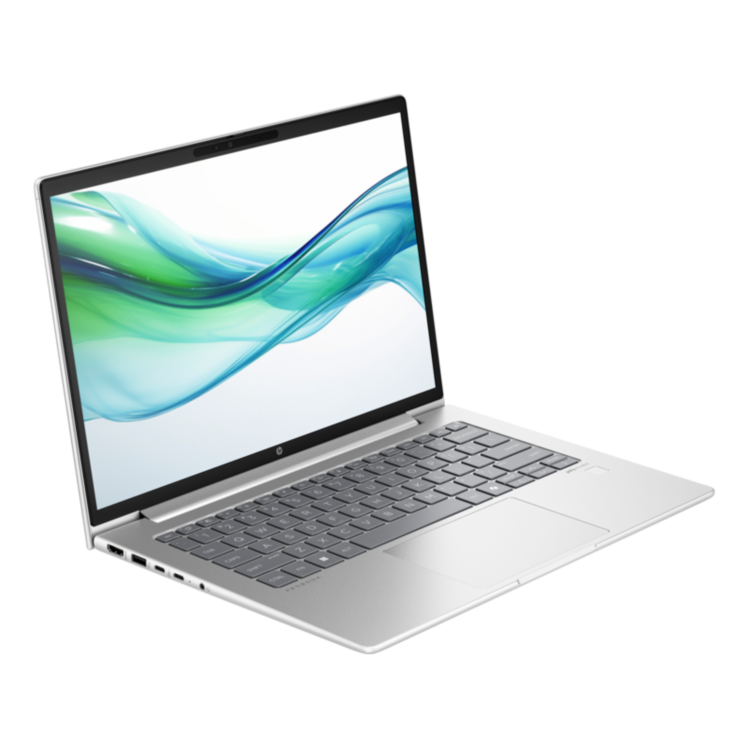 Een zilveren laptop, open op een bureau. Het scherm toont een blauwe en groene golf.