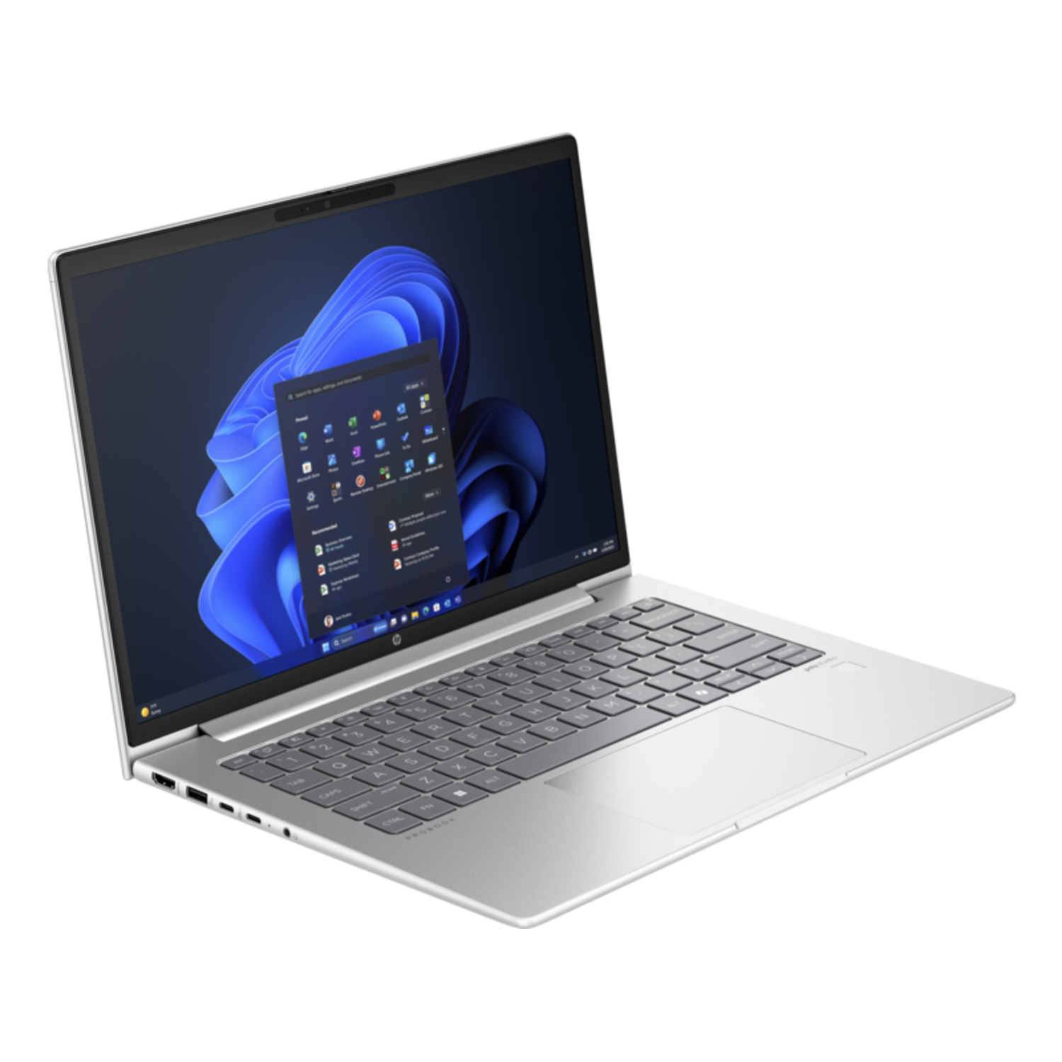 Laptop met oplichtend scherm met app-iconen. Zilveren behuizing, zwart toetsenbord, op zwarte achtergrond.
