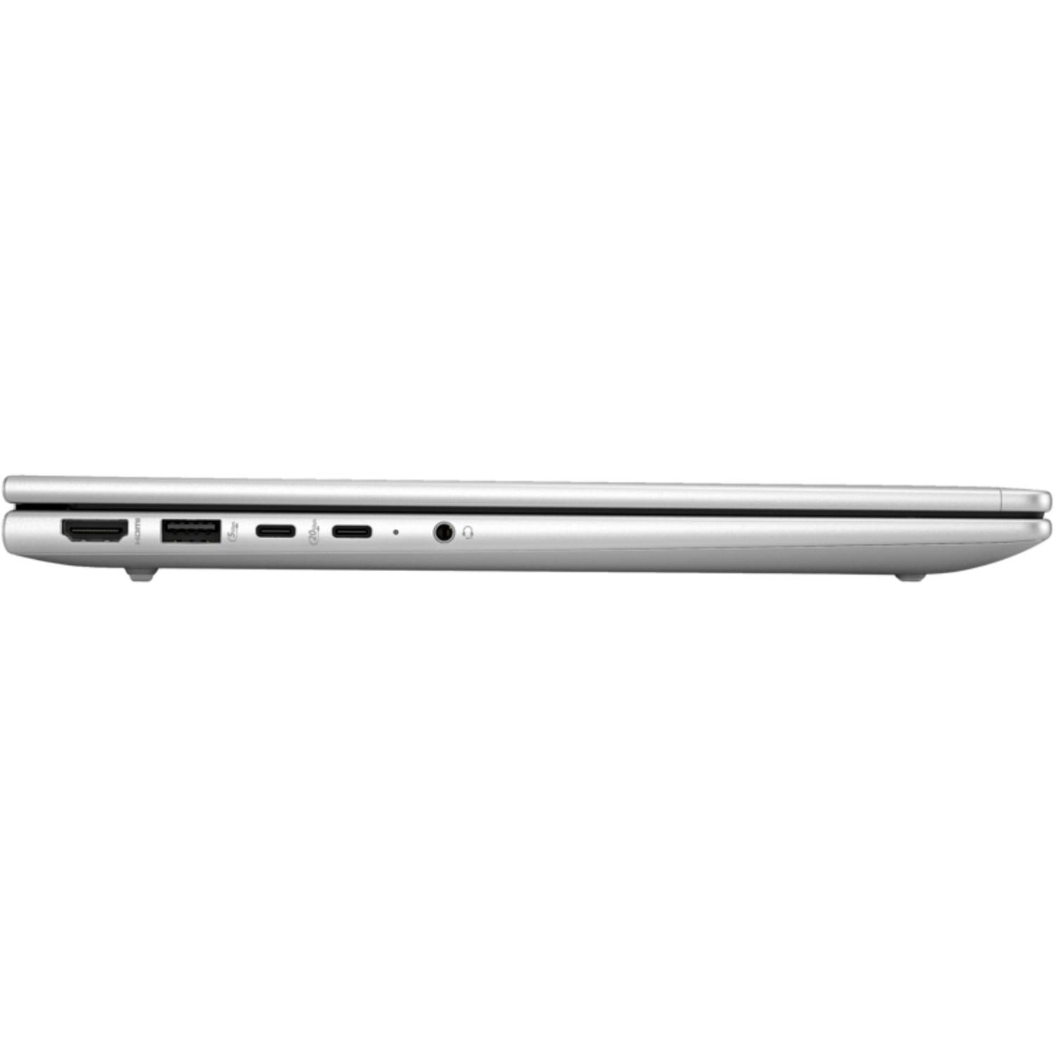Zijaanzicht van een zilverkleurige laptop met poorten zichtbaar aan de zijkant.