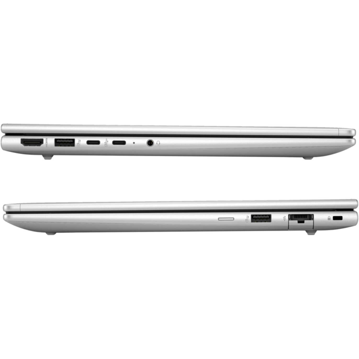 Twee laptops, zijaanzicht, met poorten zoals HDMI, USB en audio jack.