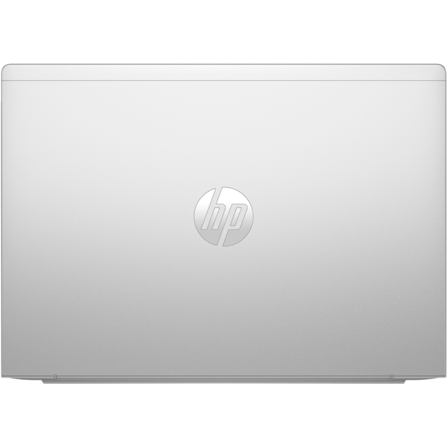 Zilveren HP laptop, achteraanzicht, met HP logo in het midden.
