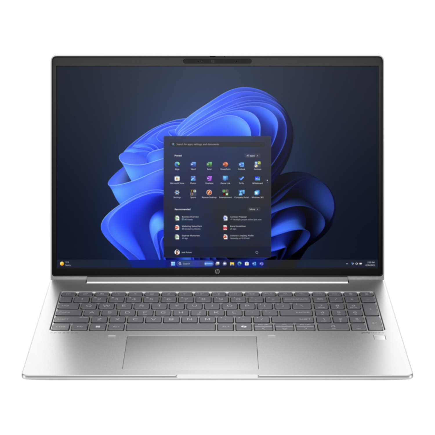 Zilveren laptop op zwarte achtergrond. Het scherm toont app-iconen.