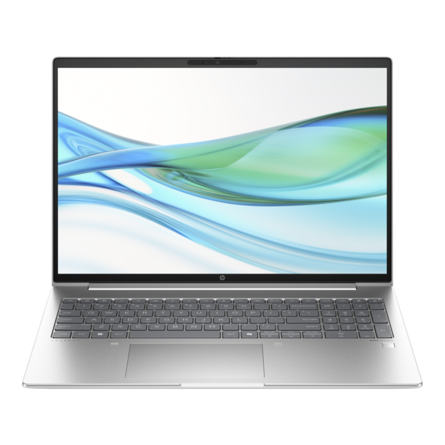 Zilveren laptop met zilveren toetsenbord. Het scherm toont blauwe en groene golven.