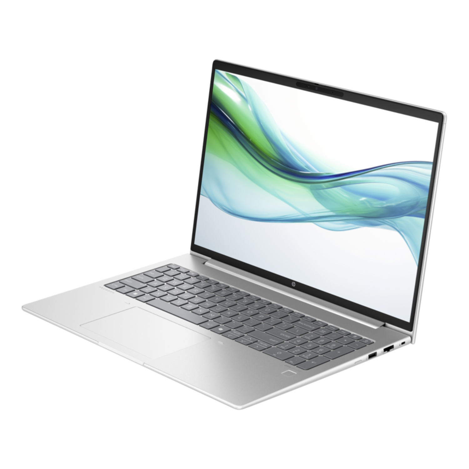 Een zilveren laptop op een zwart oppervlak, opengeklapt om een scherm met groene en witte abstracte graphics te tonen.