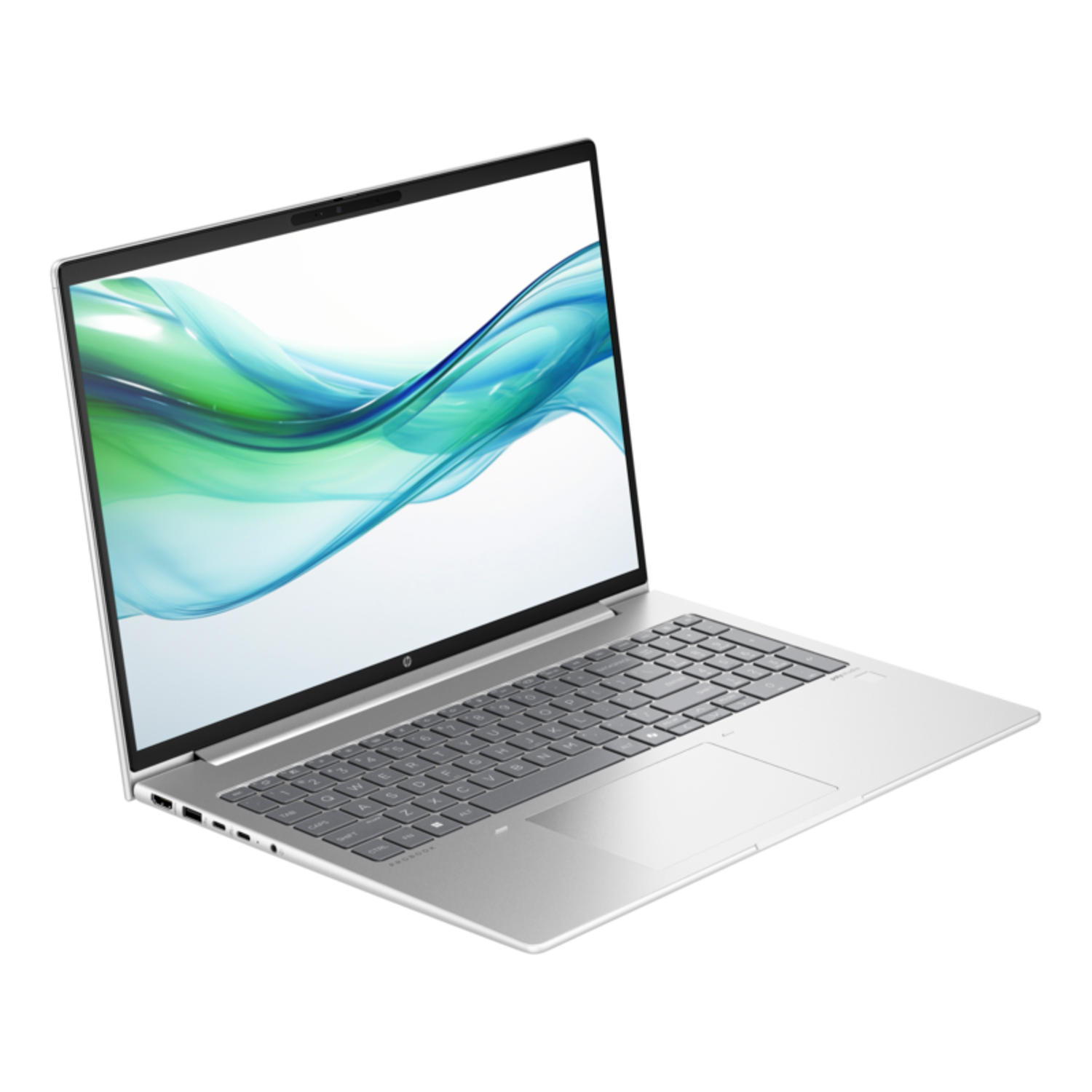 Een zilverkleurige laptop open op een wit oppervlak. Het scherm toont een groen en blauw ontwerp.