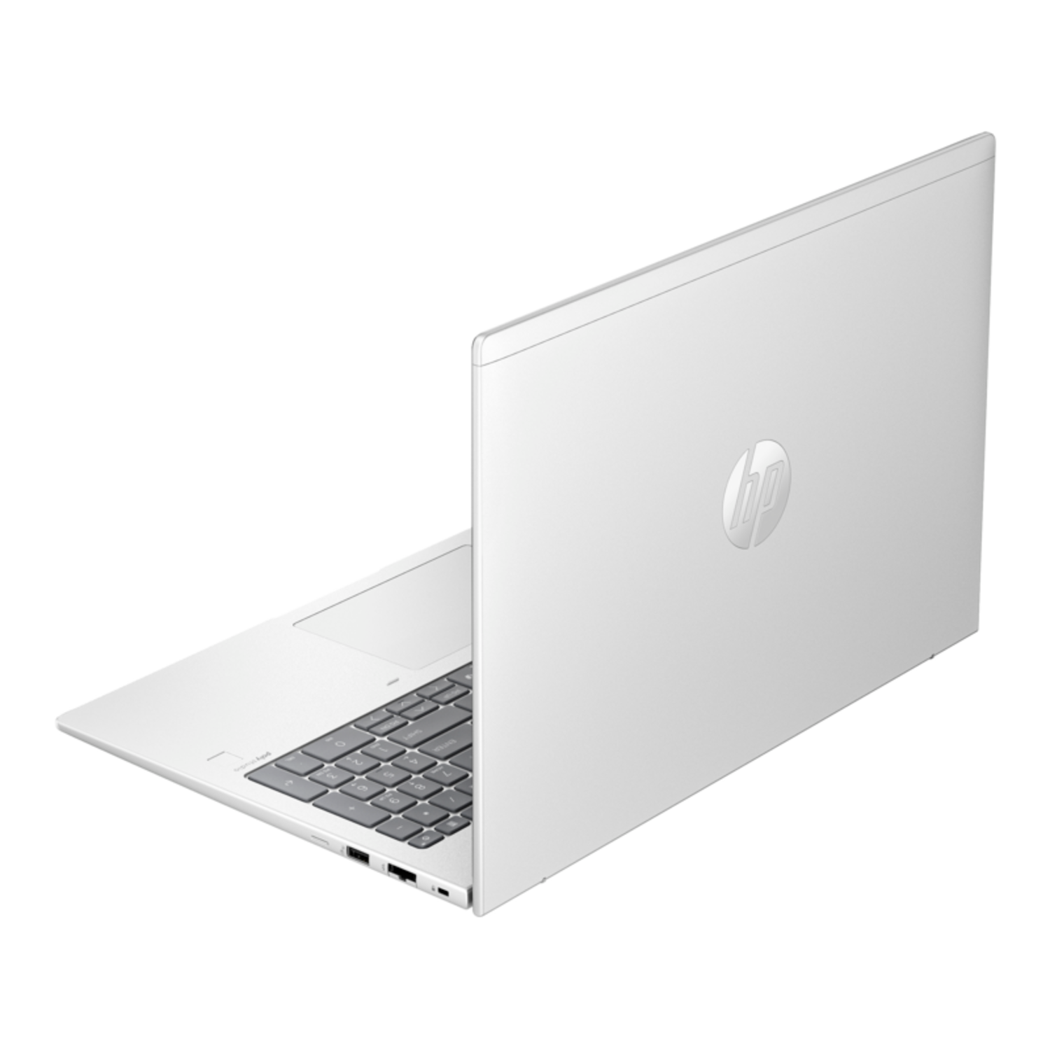 Zilveren laptop open, met toetsenbord en de achterkant met het HP-logo.