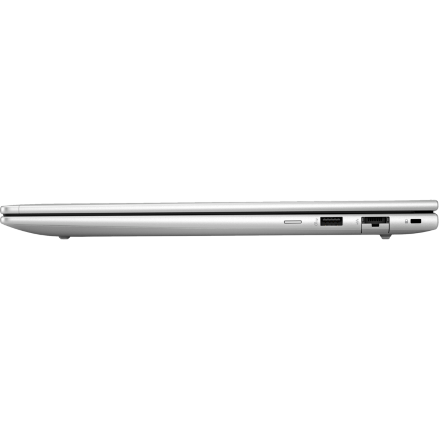 Zijaanzicht van een zilveren laptop.