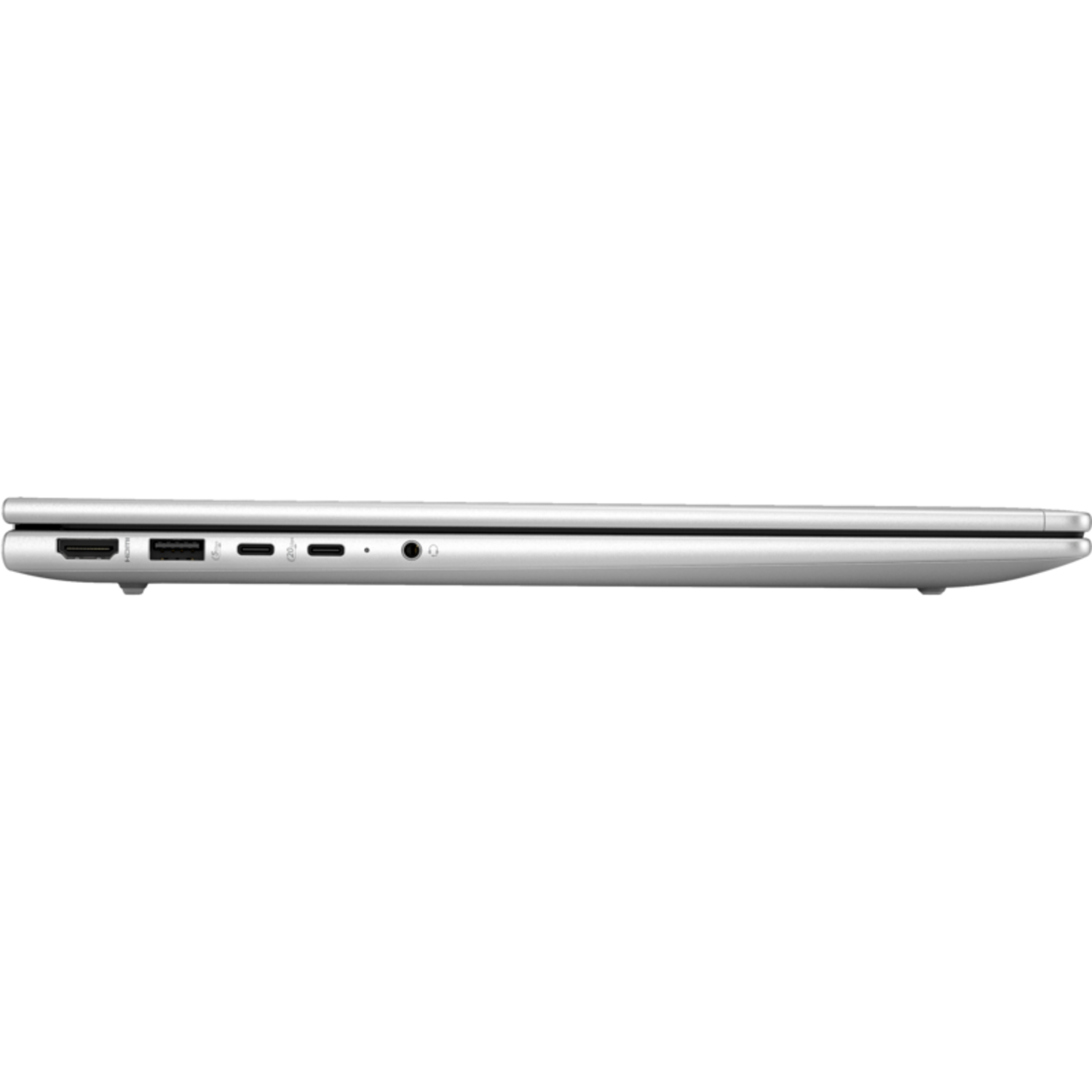 Zijaanzicht van een zilveren laptop. Poorten en sleuven zijn zichtbaar aan de linkerkant.