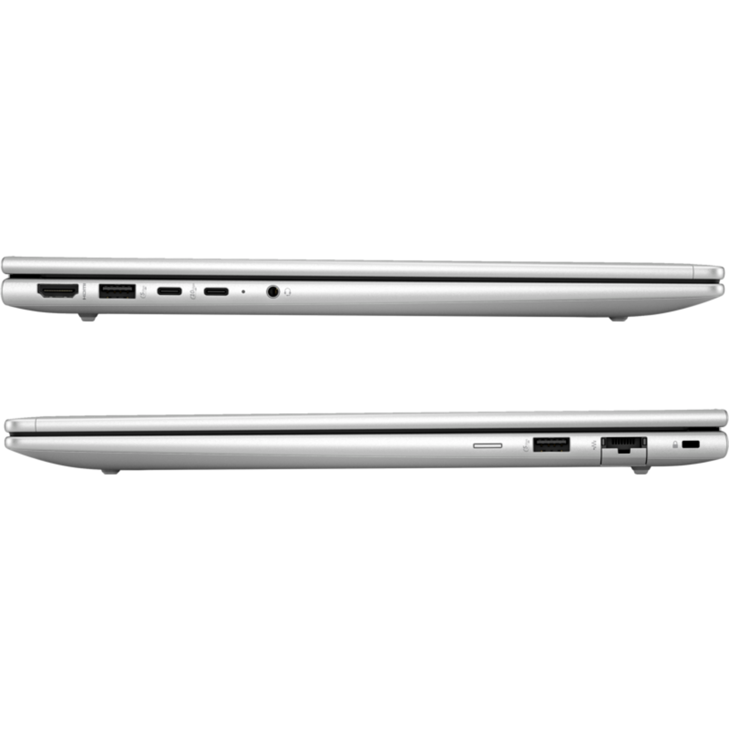Twee laptops naast elkaar, zilverkleurig, op zwarte achtergrond. Poorten zichtbaar.