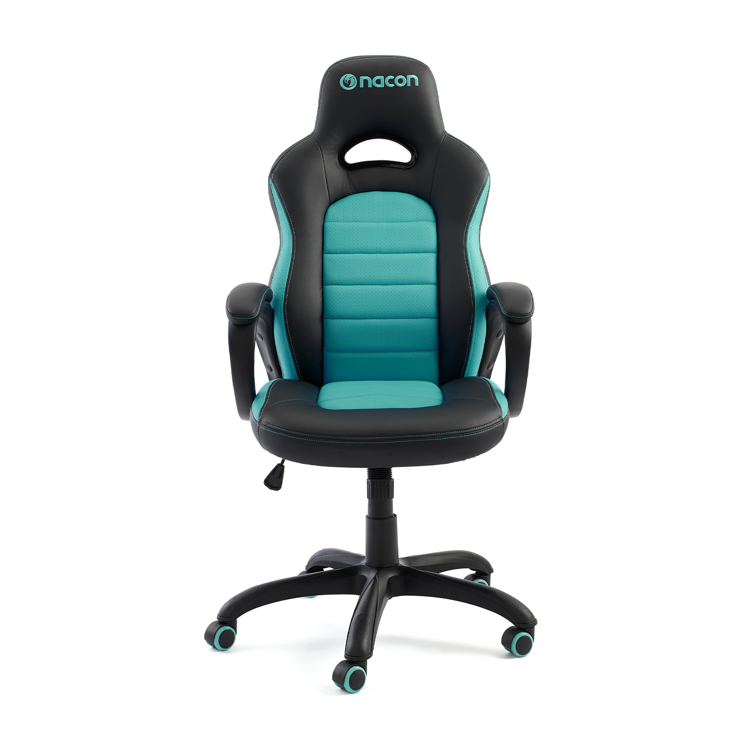 Sedia da gaming con schema di colori nero e verde acqua. Logo Nacon sul poggiatesta. Sfondo bianco.