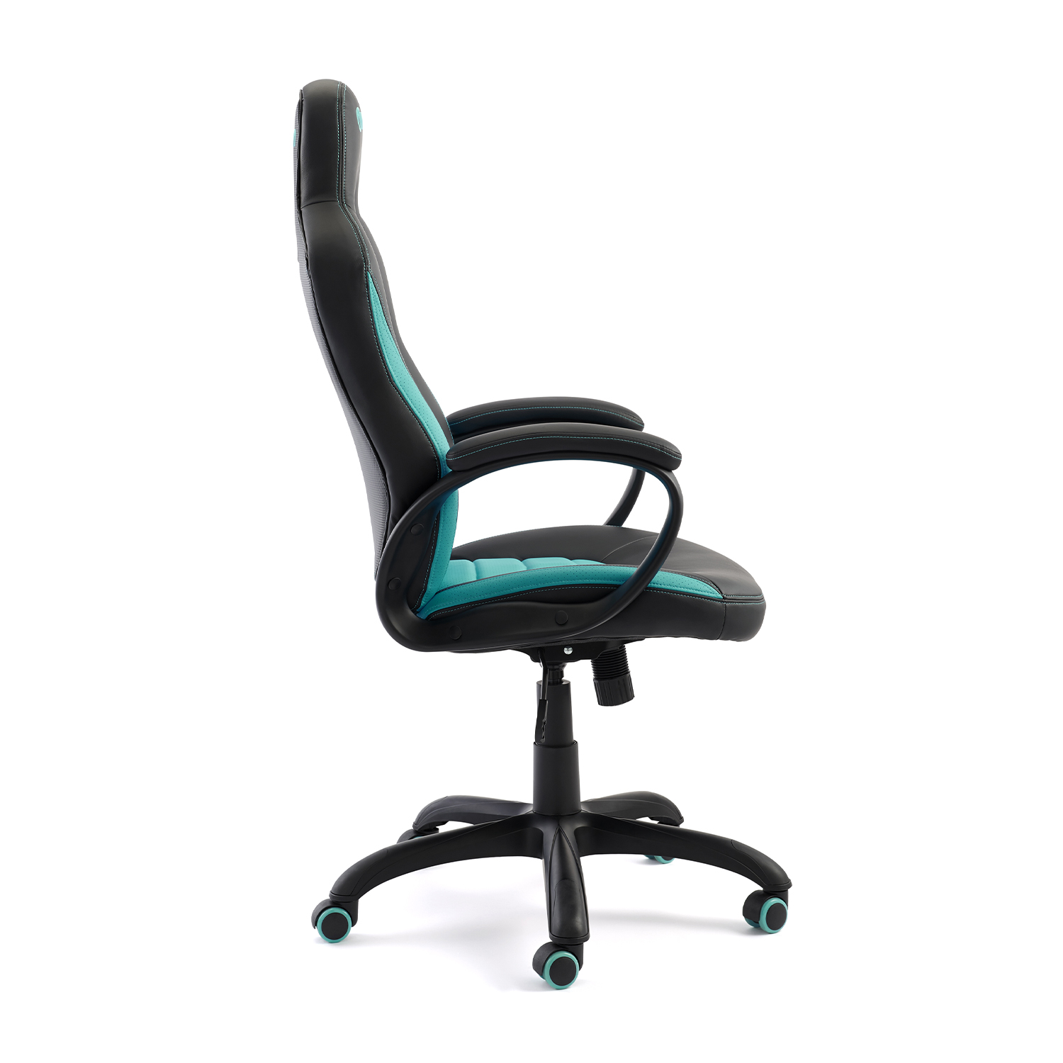 Una sedia da gaming, nera e verde acqua, isolata su sfondo bianco, vista di lato.
