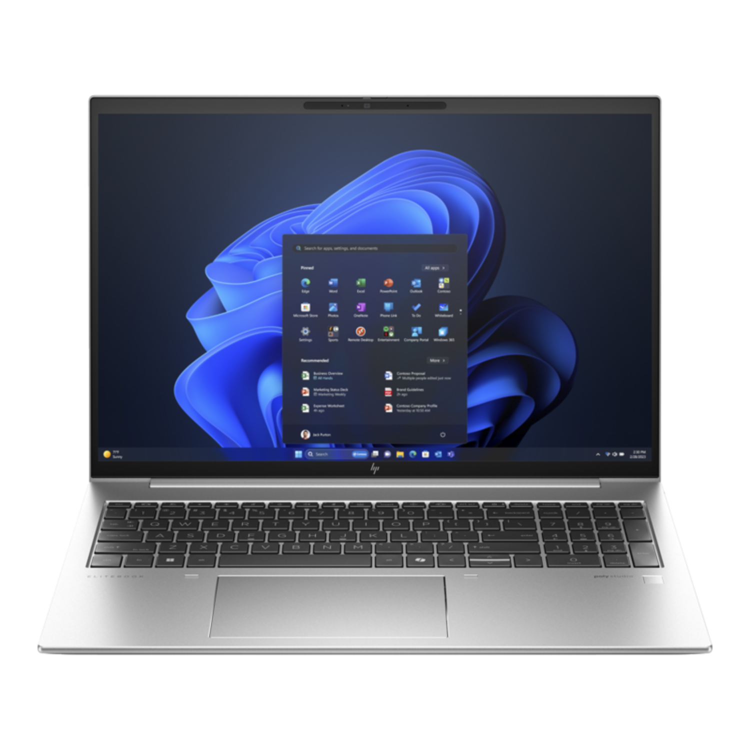 Laptop met Windows 11 interface, zilverkleurig, zwarte achtergrond.