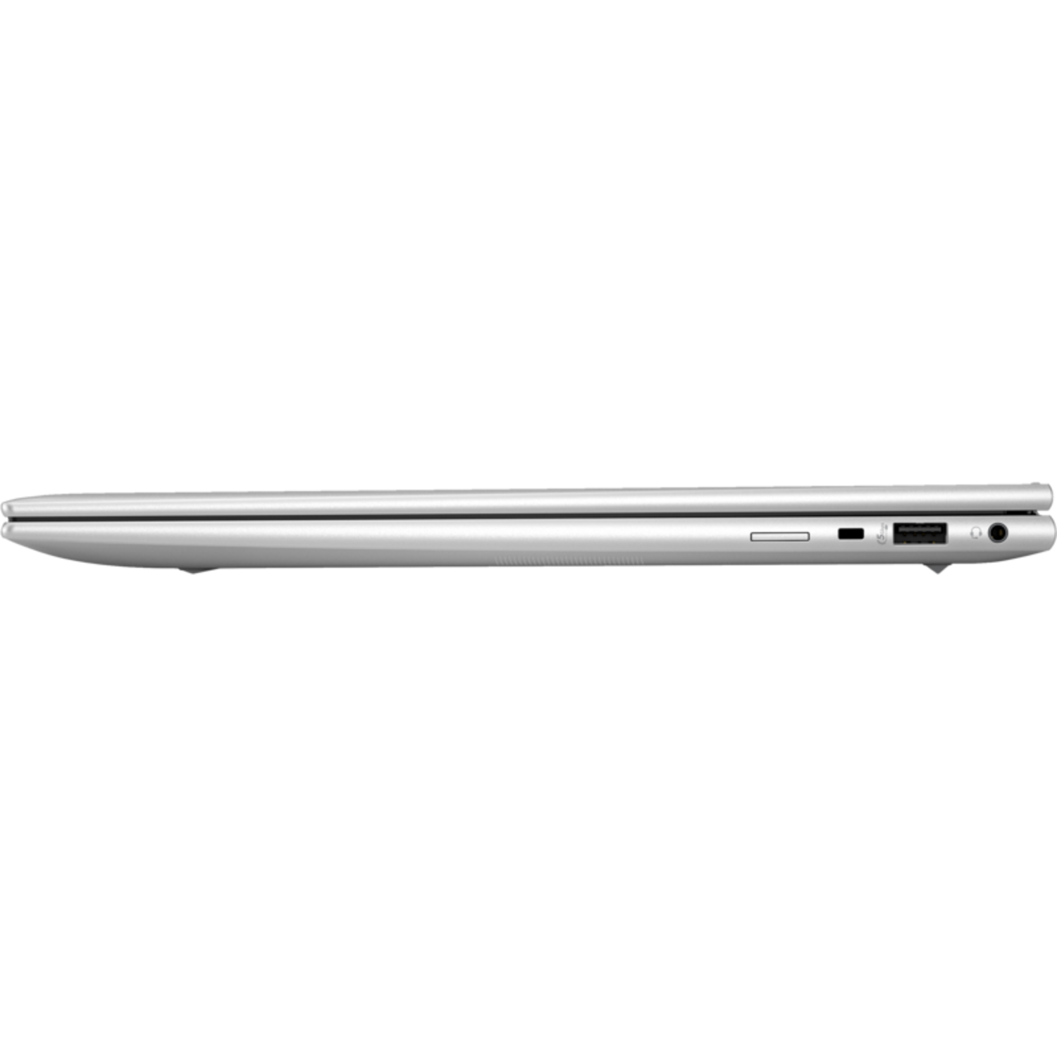 Zijaanzicht van zilveren laptop. Poorten aan de zijkant. Zwarte achtergrond.