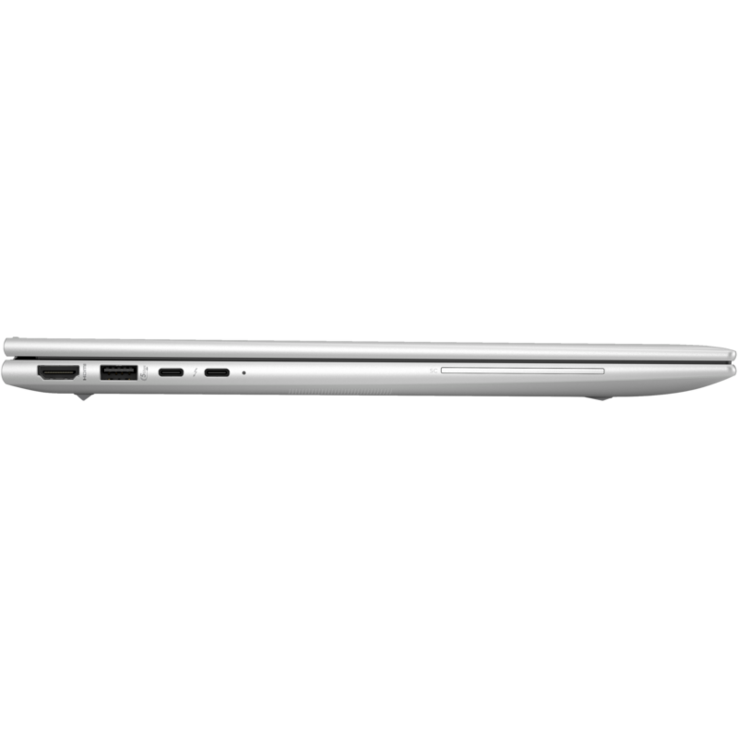 Zijaanzicht van een gesloten zilveren laptop met poorten.