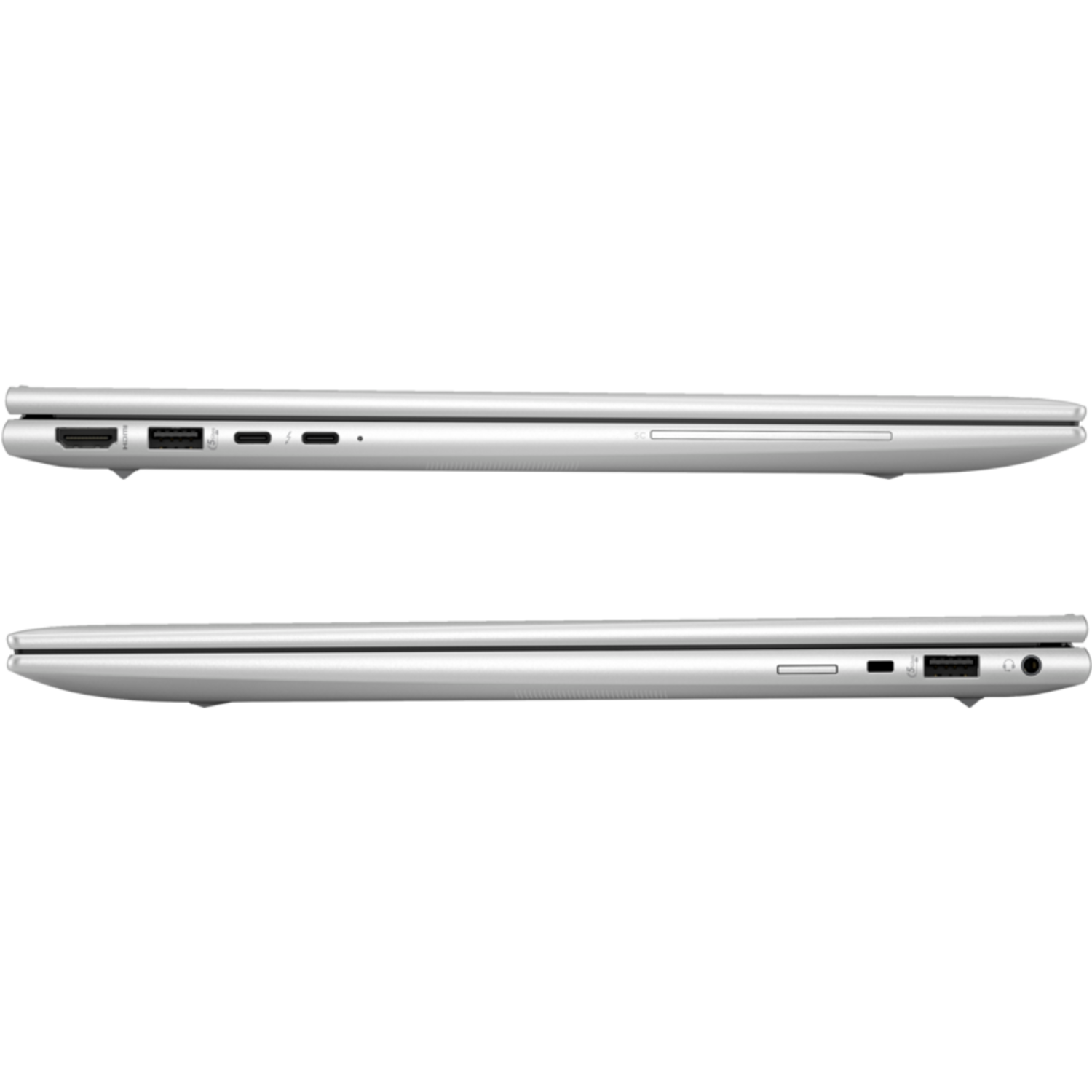 Zilveren laptop, zijaanzicht. Toont poorten en sleuven. Twee afbeeldingen boven elkaar. Zwarte achtergrond.