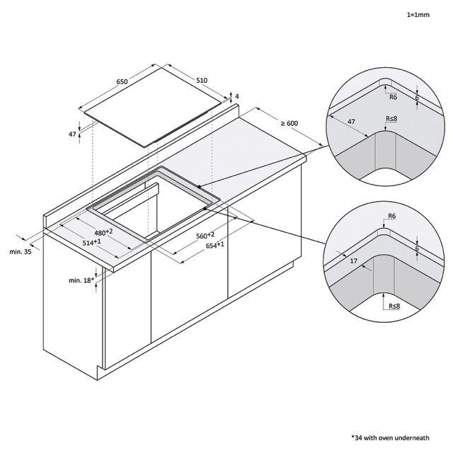 Eine technische Zeichnung einer Küchenarbeitsplatte mit Abmessungen und Ausschnittdetails.