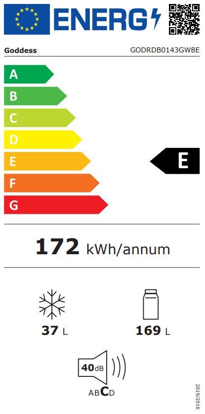 Energia címke Goddess hűtőszekrényhez, energiahatékonysági adatokkal.