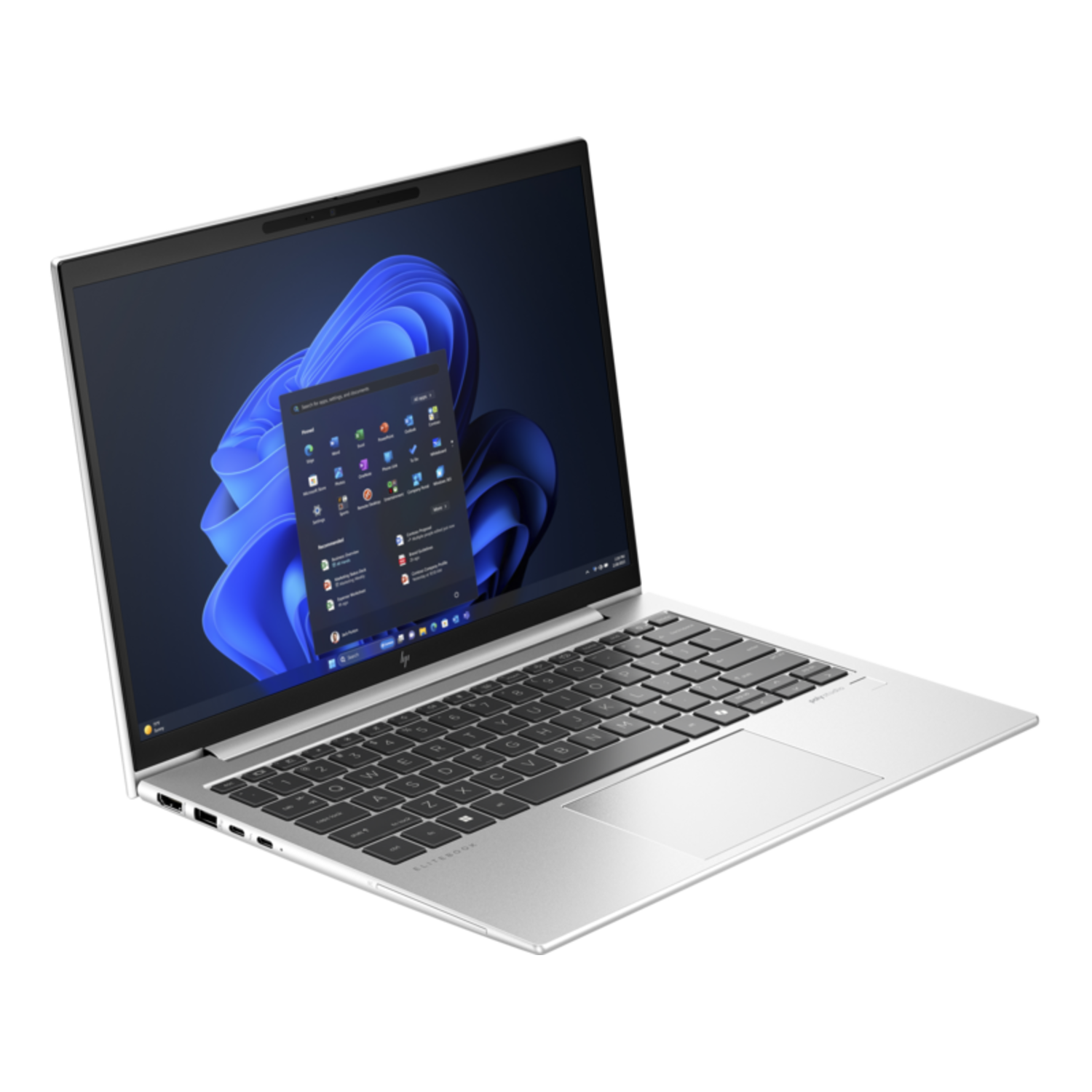 Zilveren laptop, open, met een Windows-interface op het scherm.