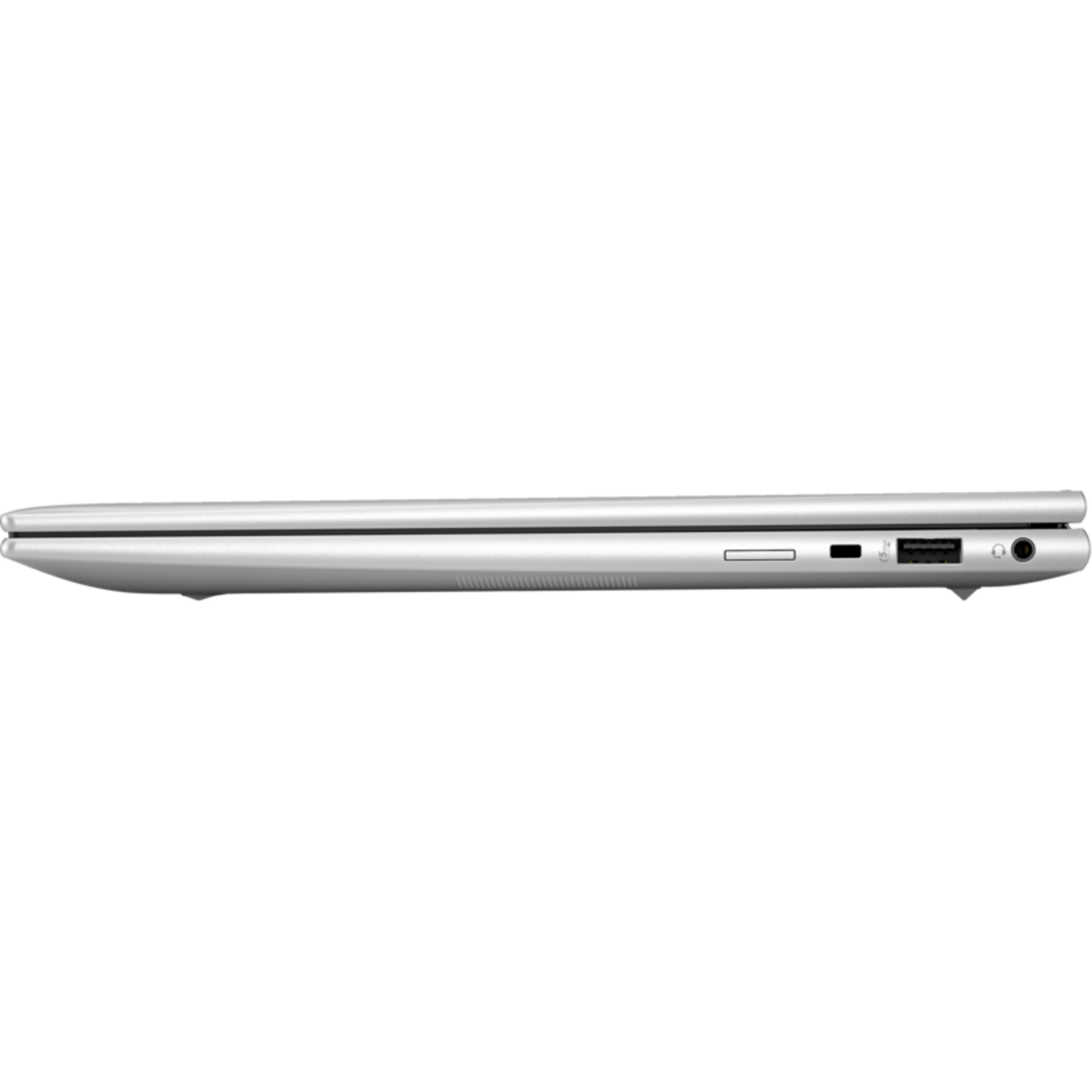 Zijaanzicht van een zilveren laptop, toont poorten en slank design.