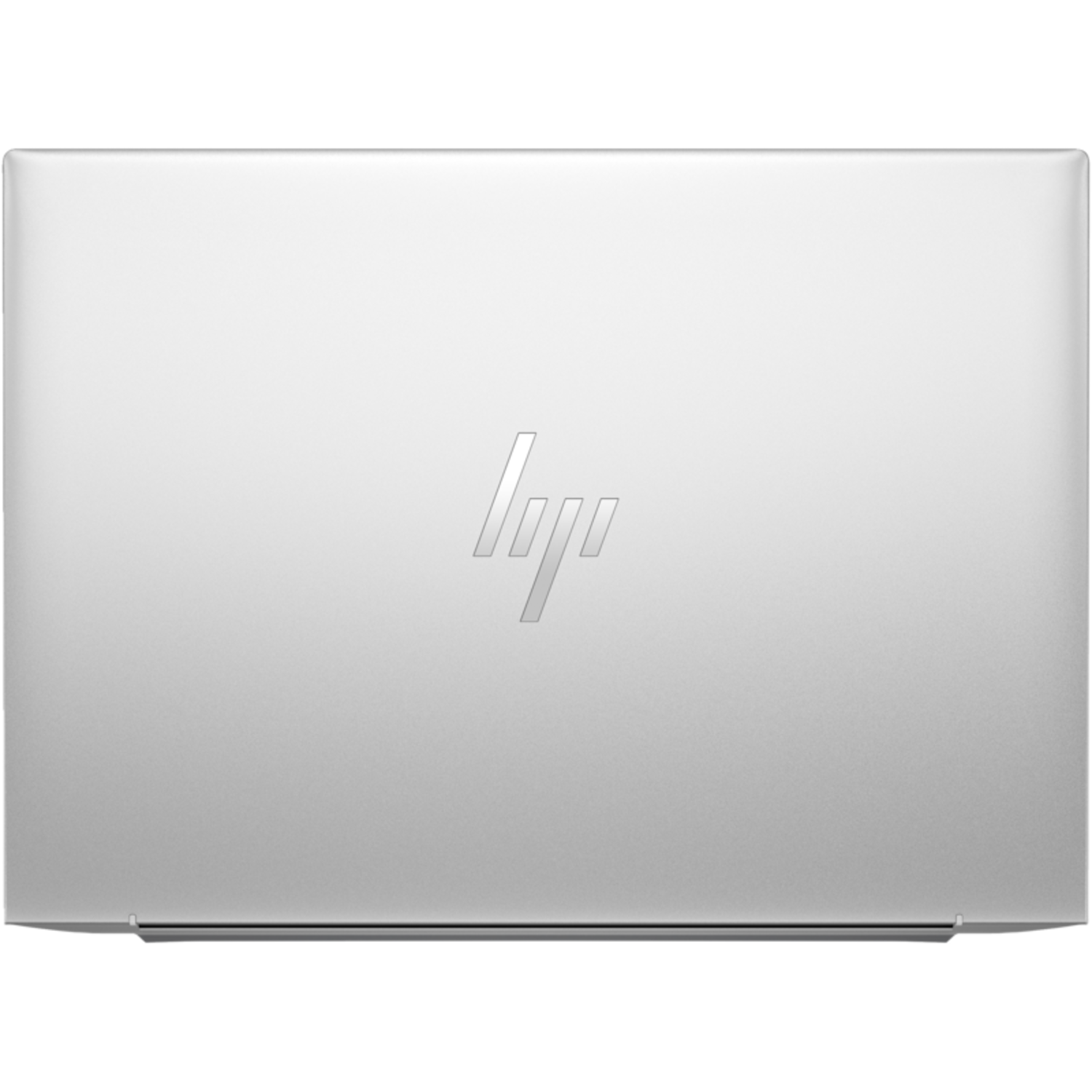 Bovenaanzicht van een zilveren laptop met het HP-logo op het deksel, tegen een zwarte achtergrond.