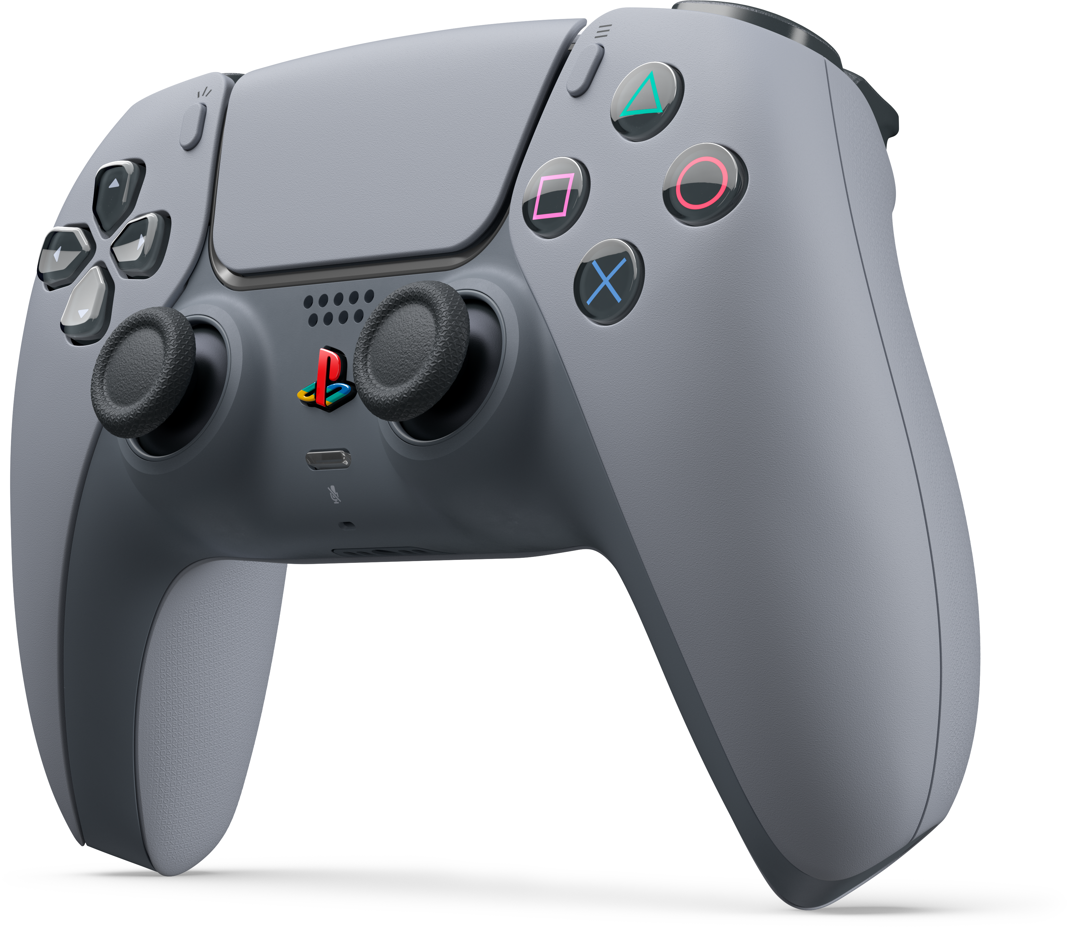 Grauer PlayStation 5-Controller. Mit Tasten, Analogsticks und dem PlayStation-Logo.