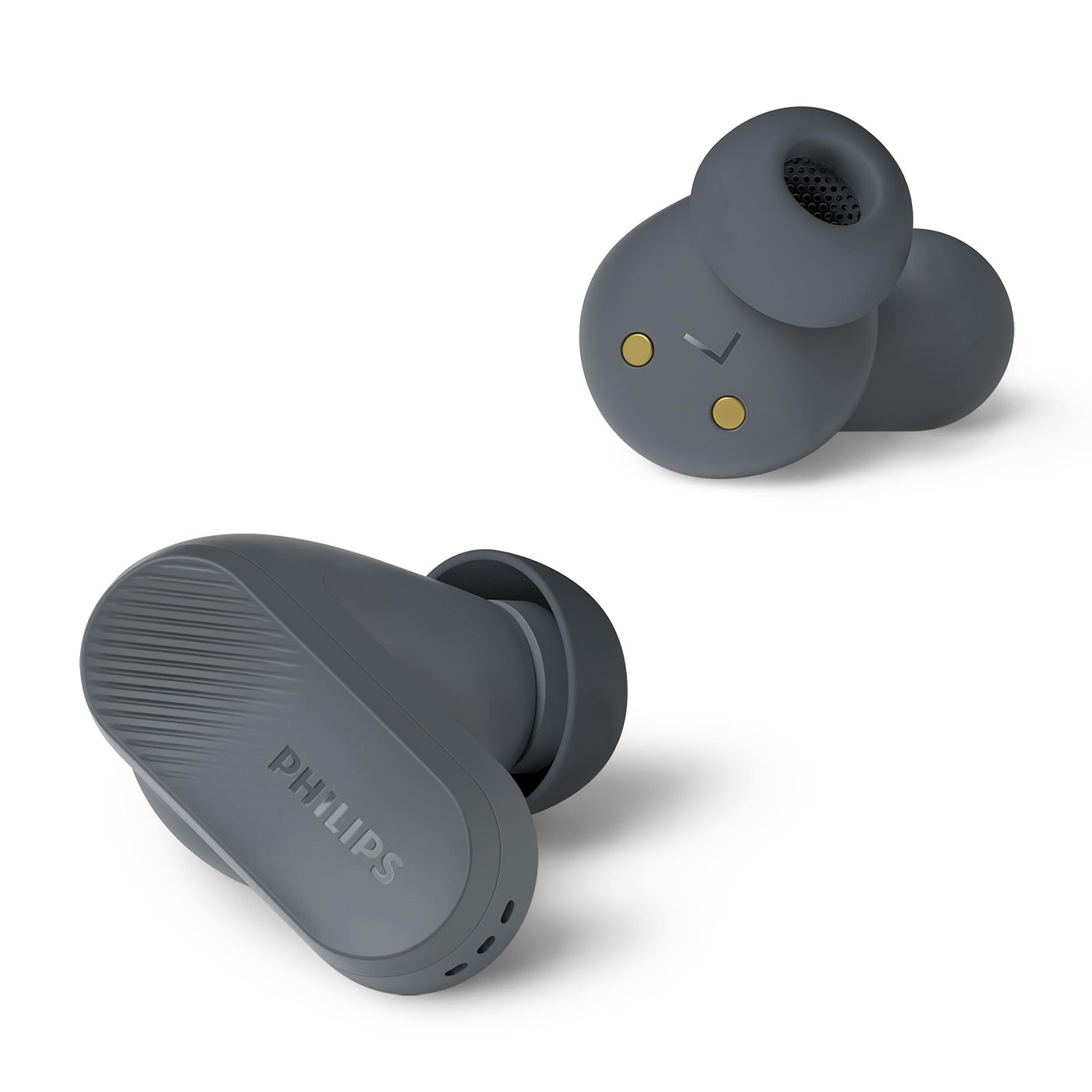 Due auricolari wireless grigi. Uno mostra l'interno. Sfondo bianco.