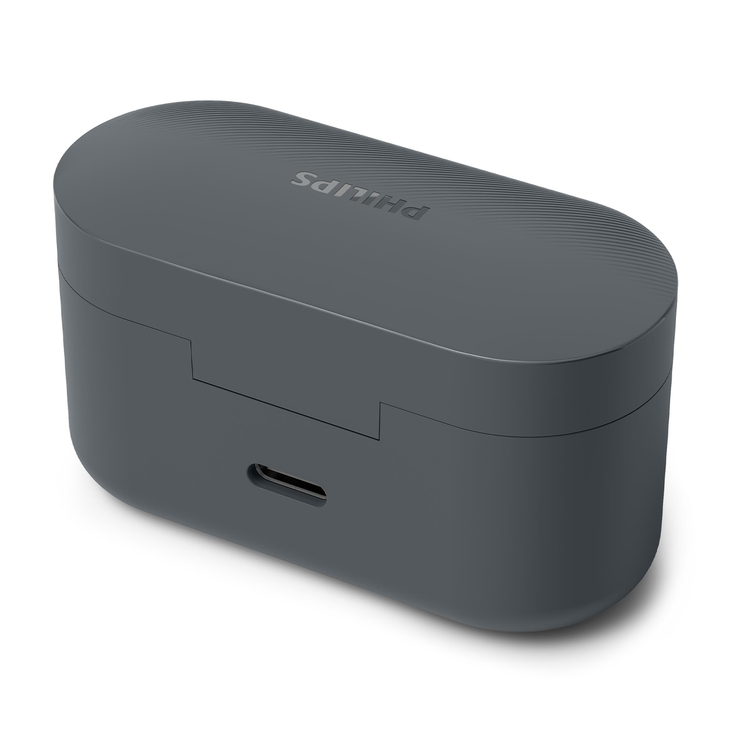 Una custodia di ricarica per auricolari grigio scuro con una porta USB-C nella parte inferiore.