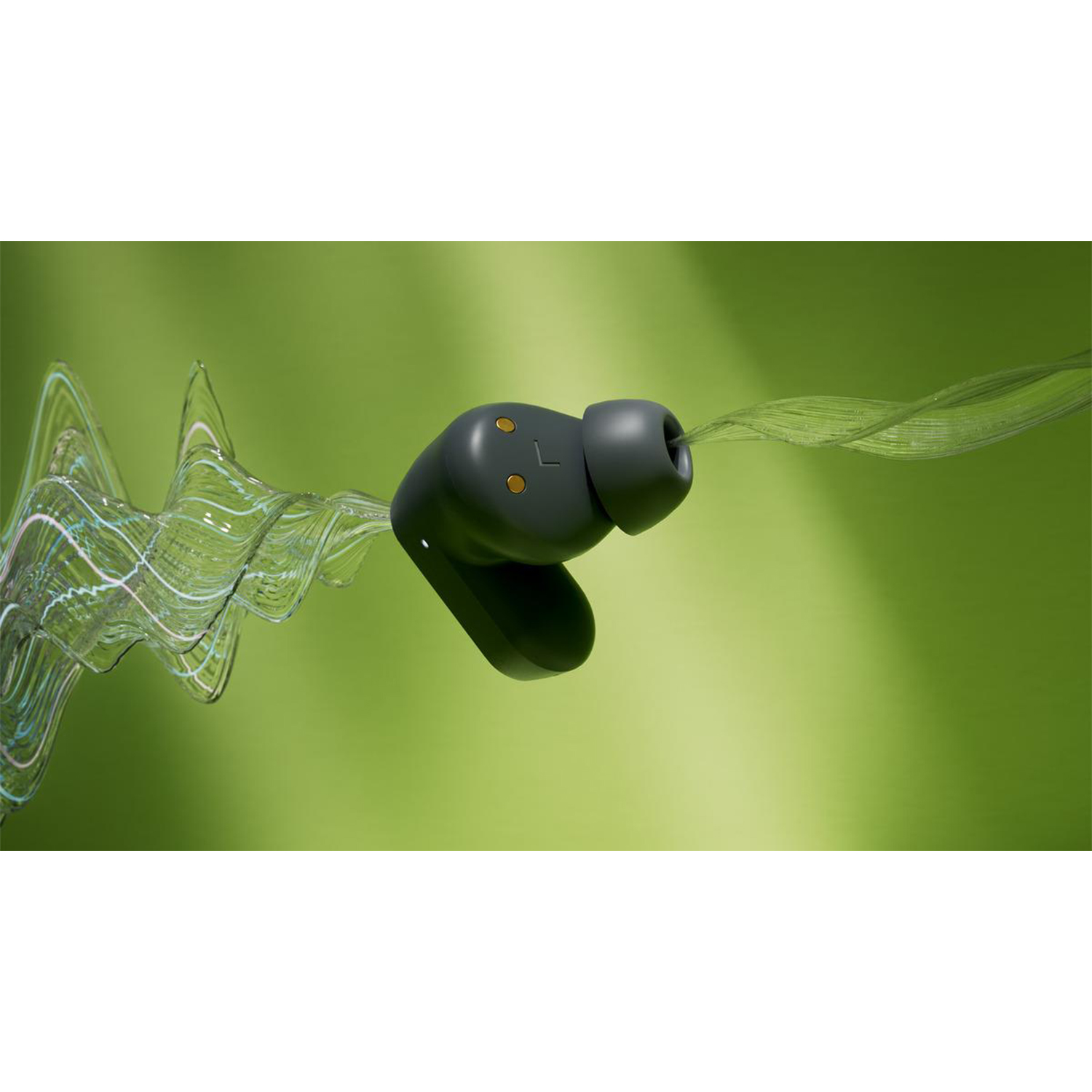 Un auricolare wireless con una tonalità verde, con linee ondulate su sfondo verde.
