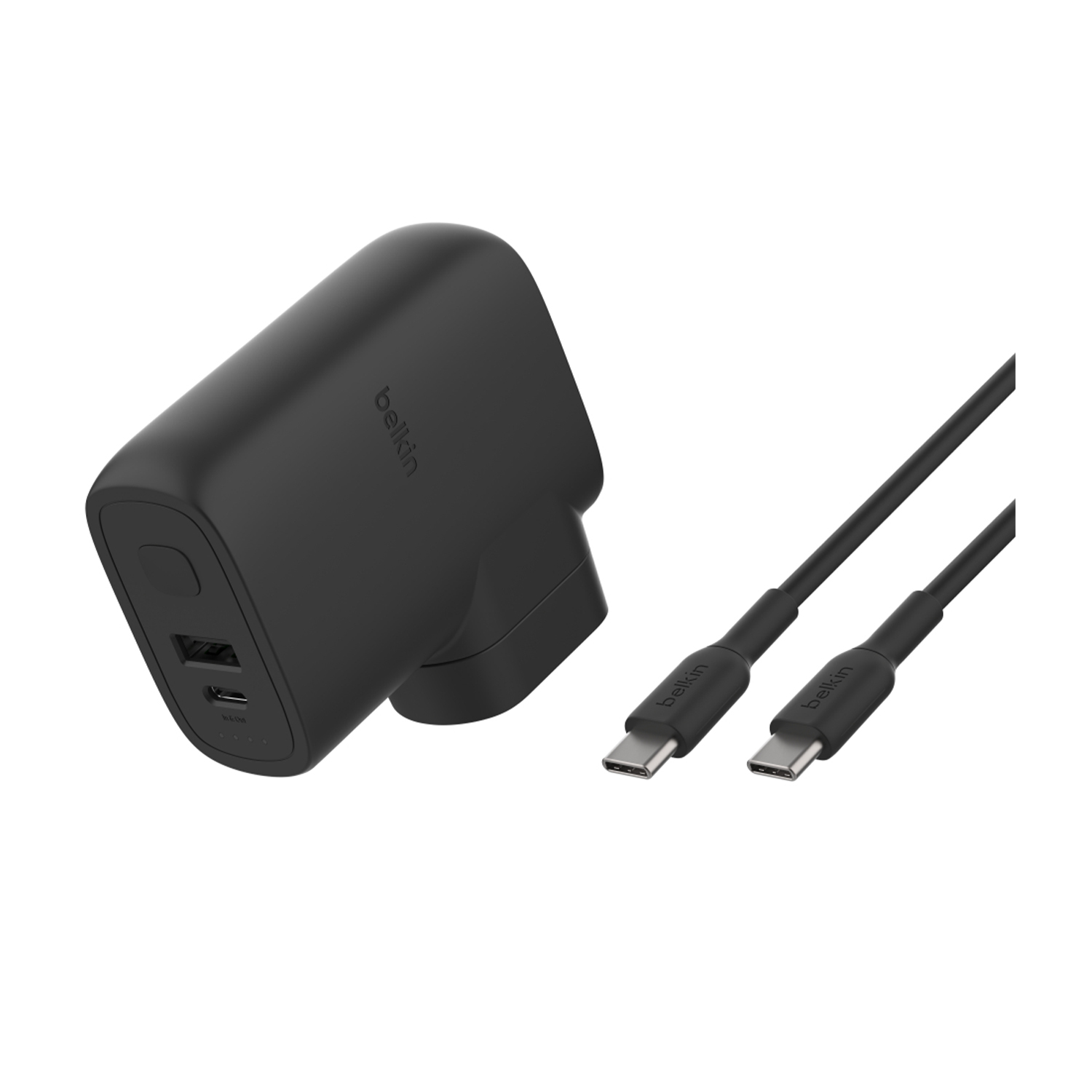 Caricatore Belkin nero con due porte USB-C e due cavi USB-C.