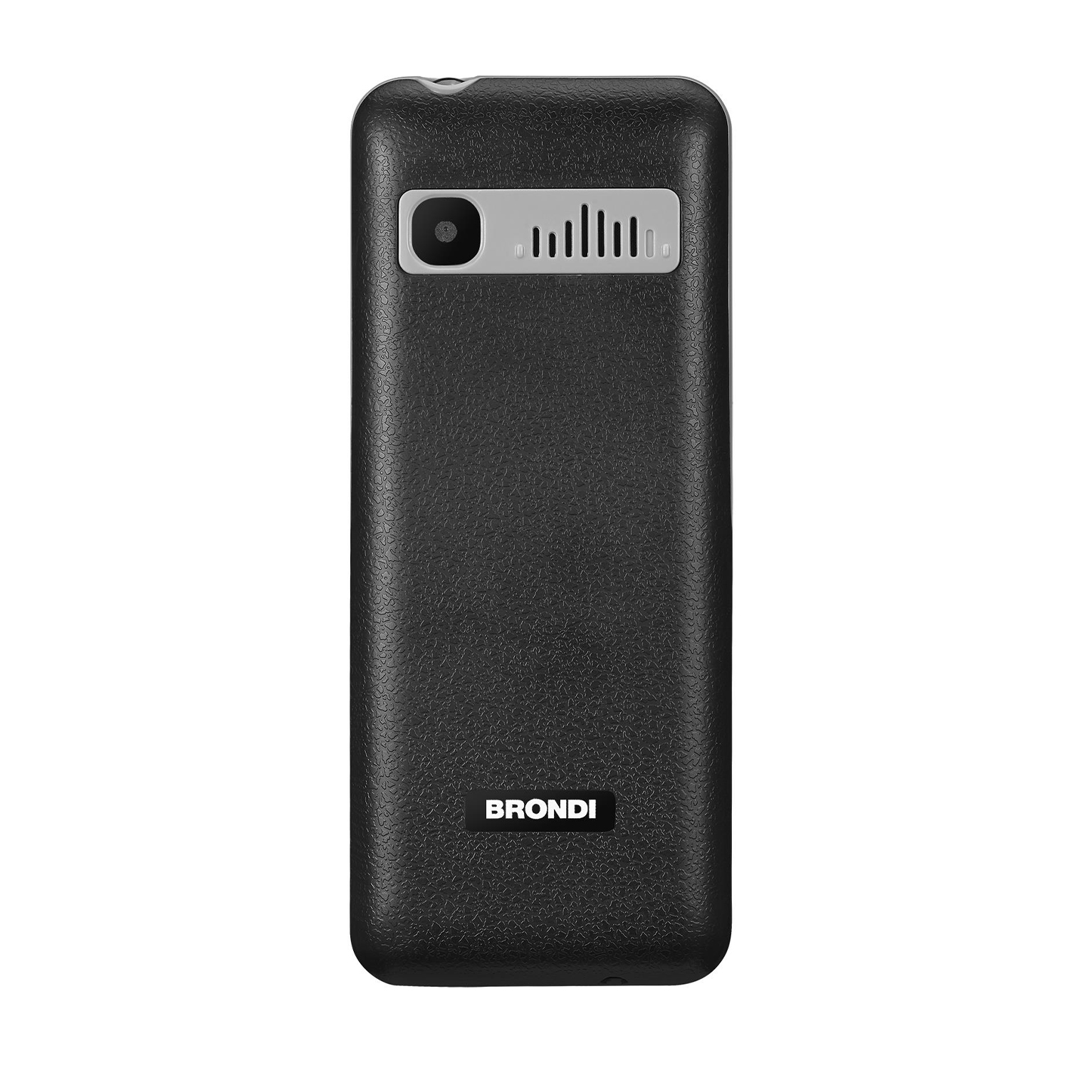 Retro di telefono nero con fotocamera, altoparlante e la parola BRONDI.