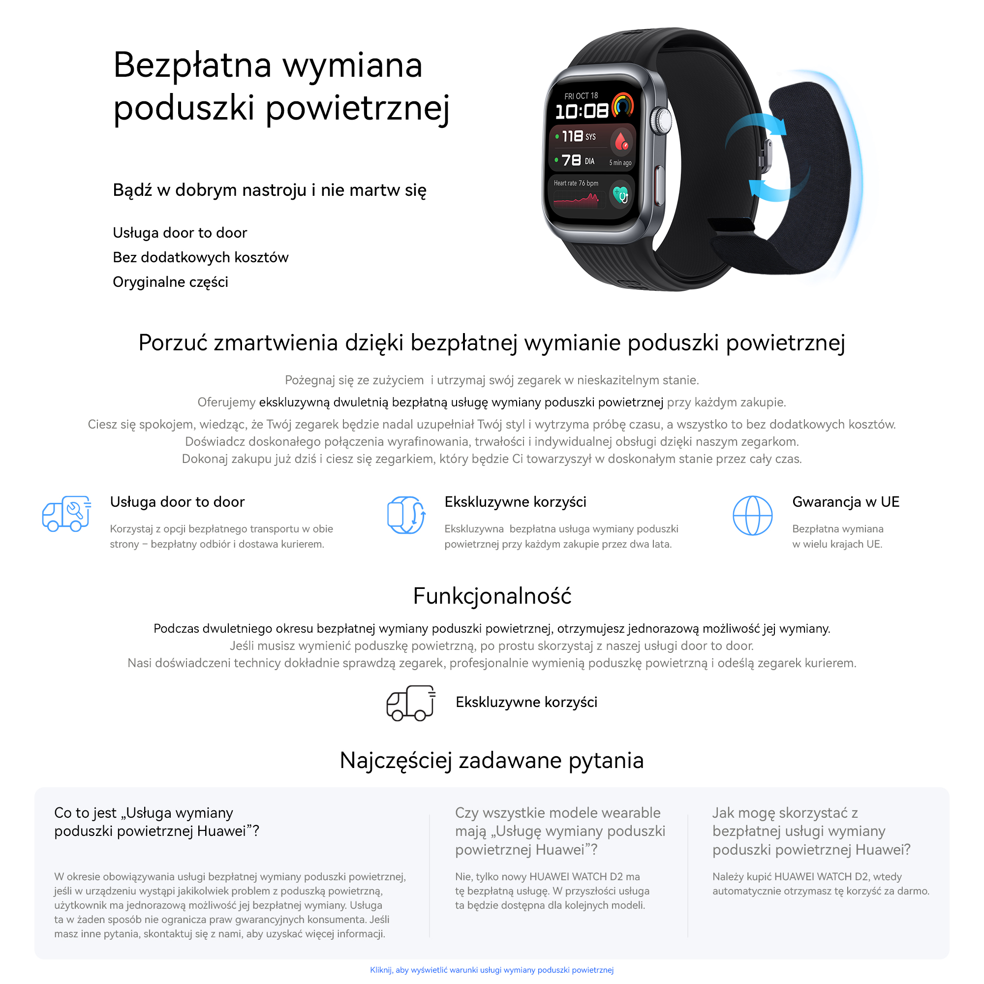 Materiały promocyjne ze smartwatchem i tekstem o bezpłatnej wymianie ekranu zegarka.