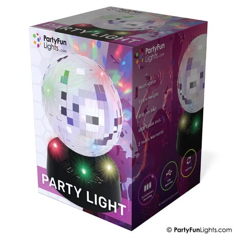 Eine Party-Light-Box. Die Box zeigt das Party-Licht und die von ihm erzeugten Lichter.