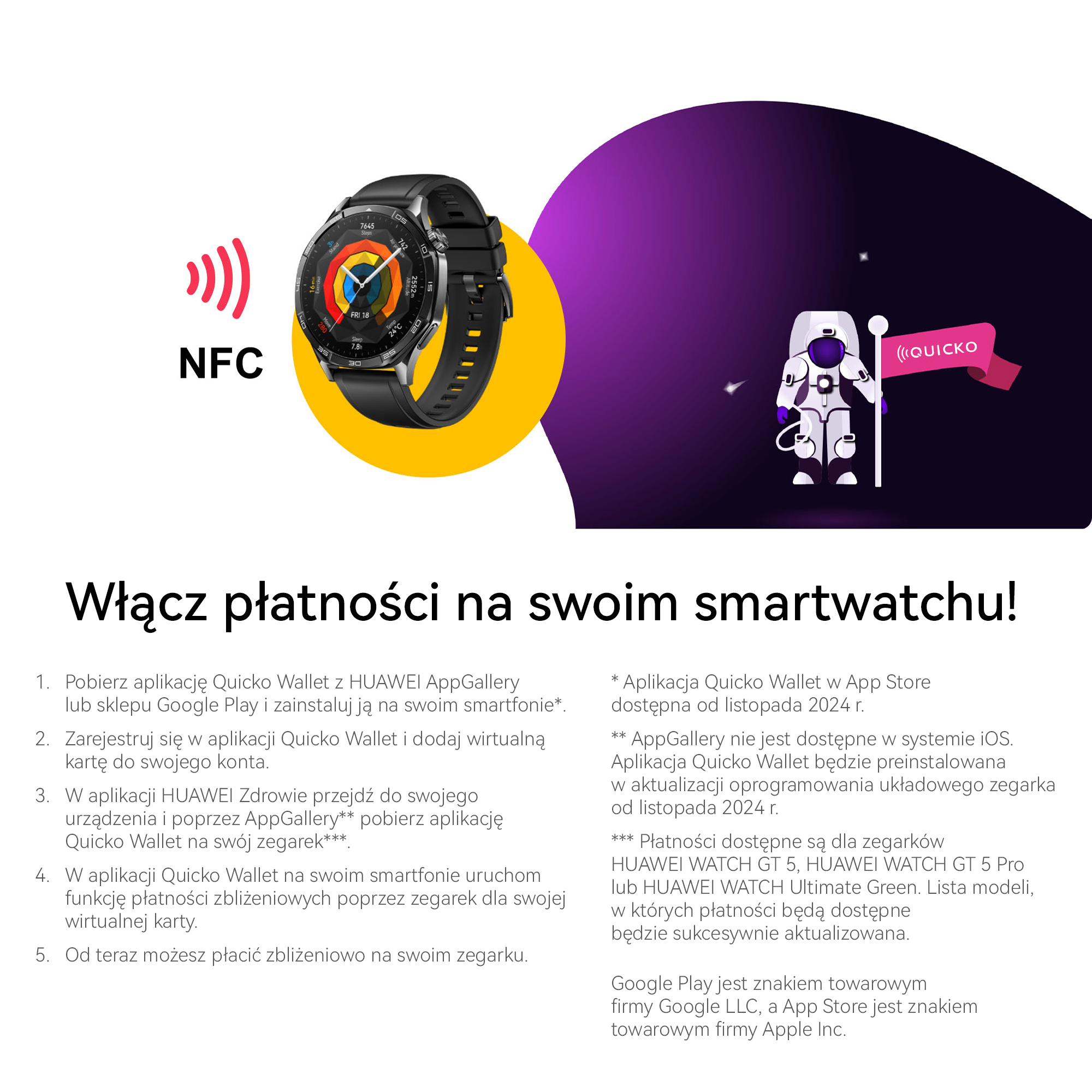 Czarny smartwatch z ikoną NFC i żółtym okręgiem. Tekst promuje płatności smartwatchem.