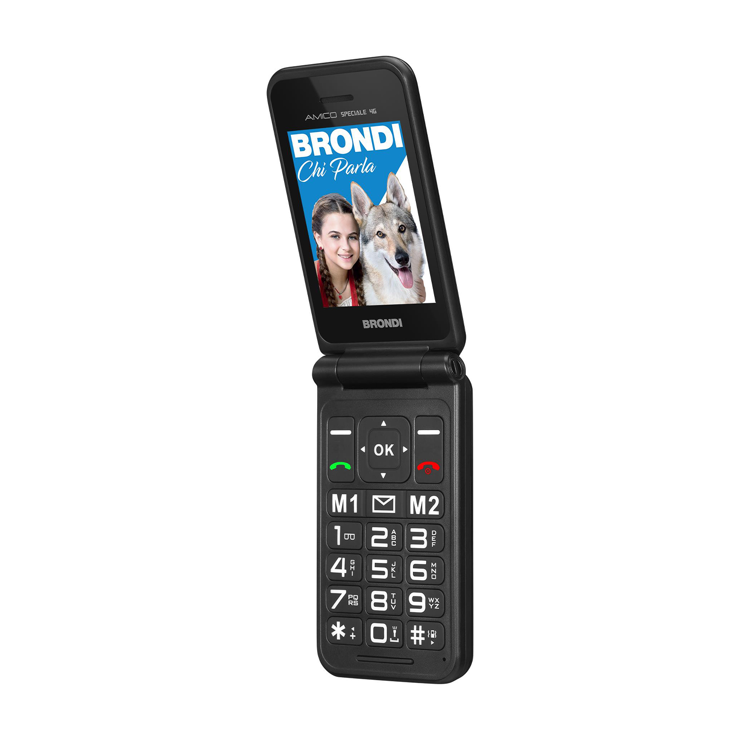 Telefono a conchiglia nero, aperto, mostra una foto di una donna e un cane. I pulsanti della tastiera sono grandi.