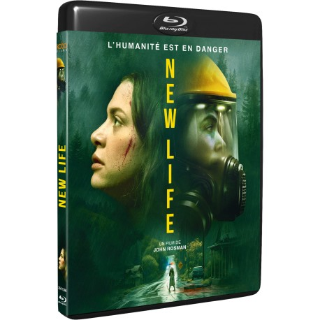 Couverture du film "New Life". Deux visages, un avec un masque à gaz. Tons verts et bleus. Texte en anglais.