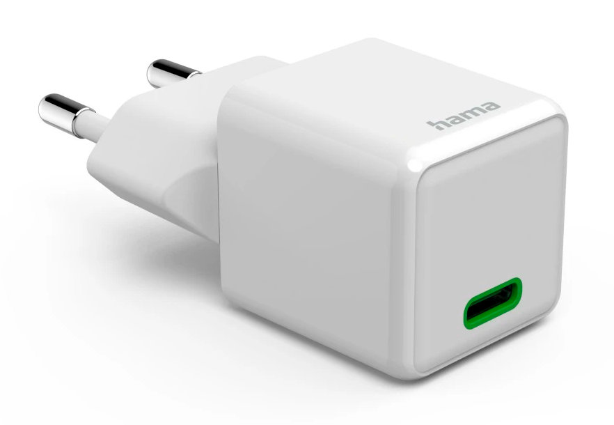 Biała ładowarka USB-C Hama z zielonym portem, na białym tle.