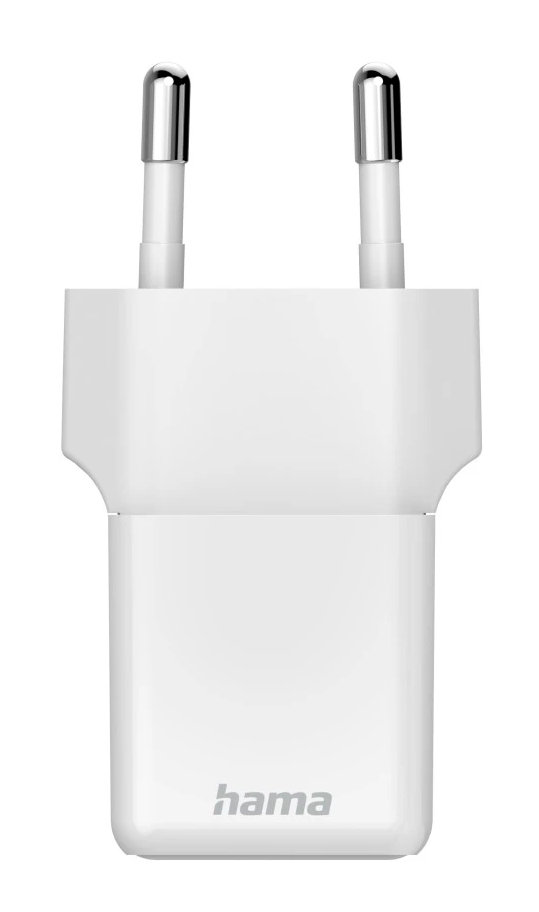 Biała ładowarka Hama z dwoma metalowymi bolcami.