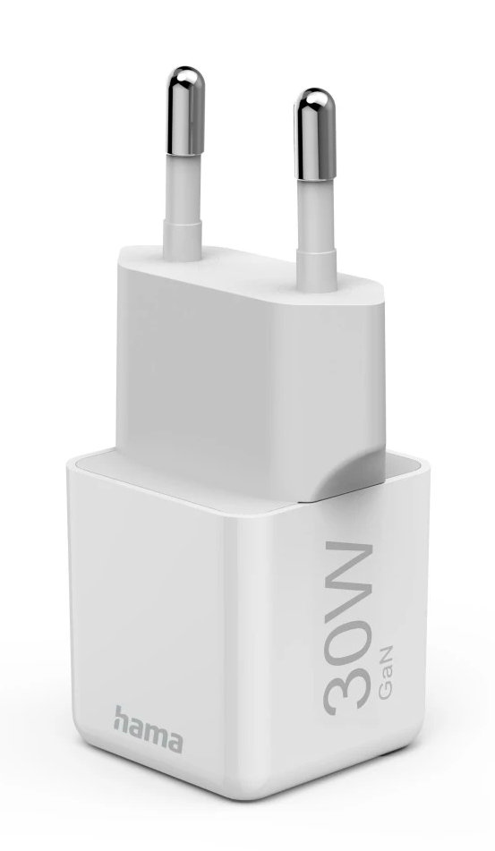 Biała ładowarka ścienna z dwoma srebrnymi bolcami i nadrukiem "30W GaN".