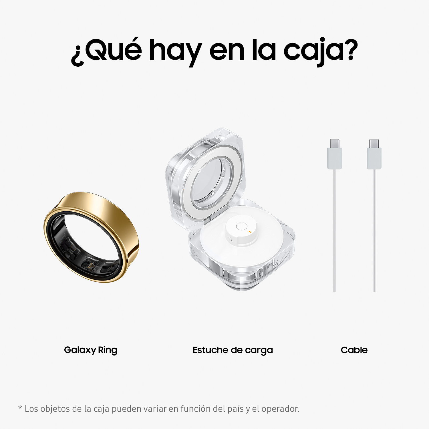 Tres artículos: anillo dorado, estuche de carga y dos cables blancos. Texto en español arriba.