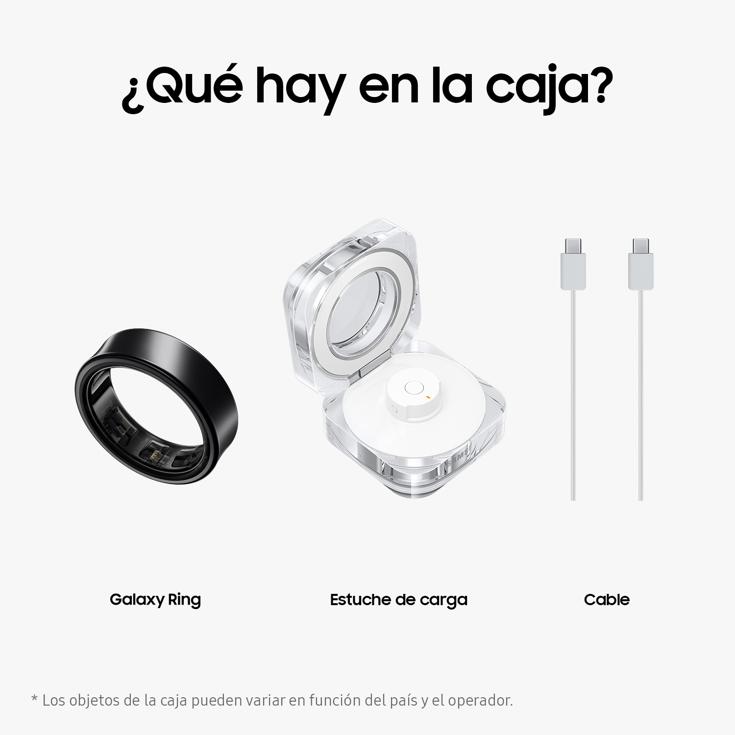 Un Galaxy Ring negro, un estuche de carga y dos cables de carga blancos están sobre una superficie.