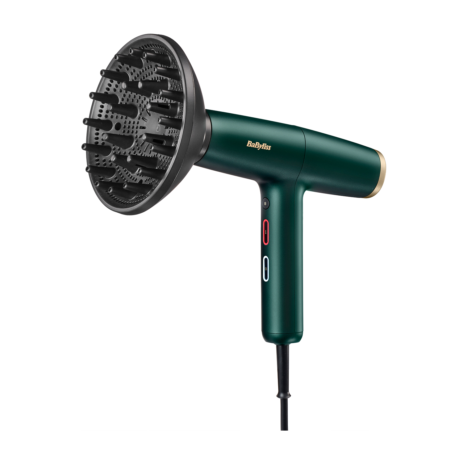 Asciugacapelli verde con diffusore, cavo nero, sfondo bianco.
