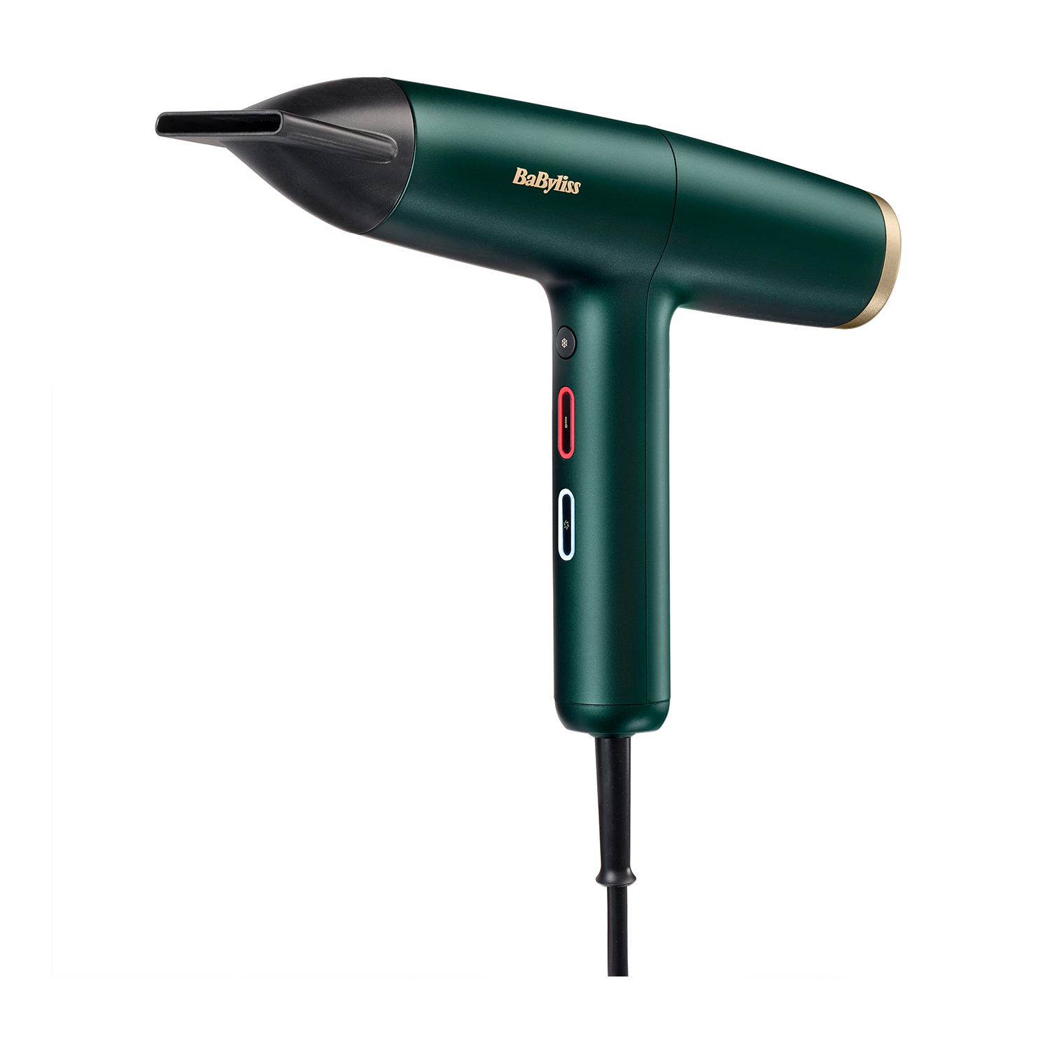 Un asciugacapelli BaByliss verde scuro è mostrato, con un ugello nero e un accento dorato sull'impugnatura.