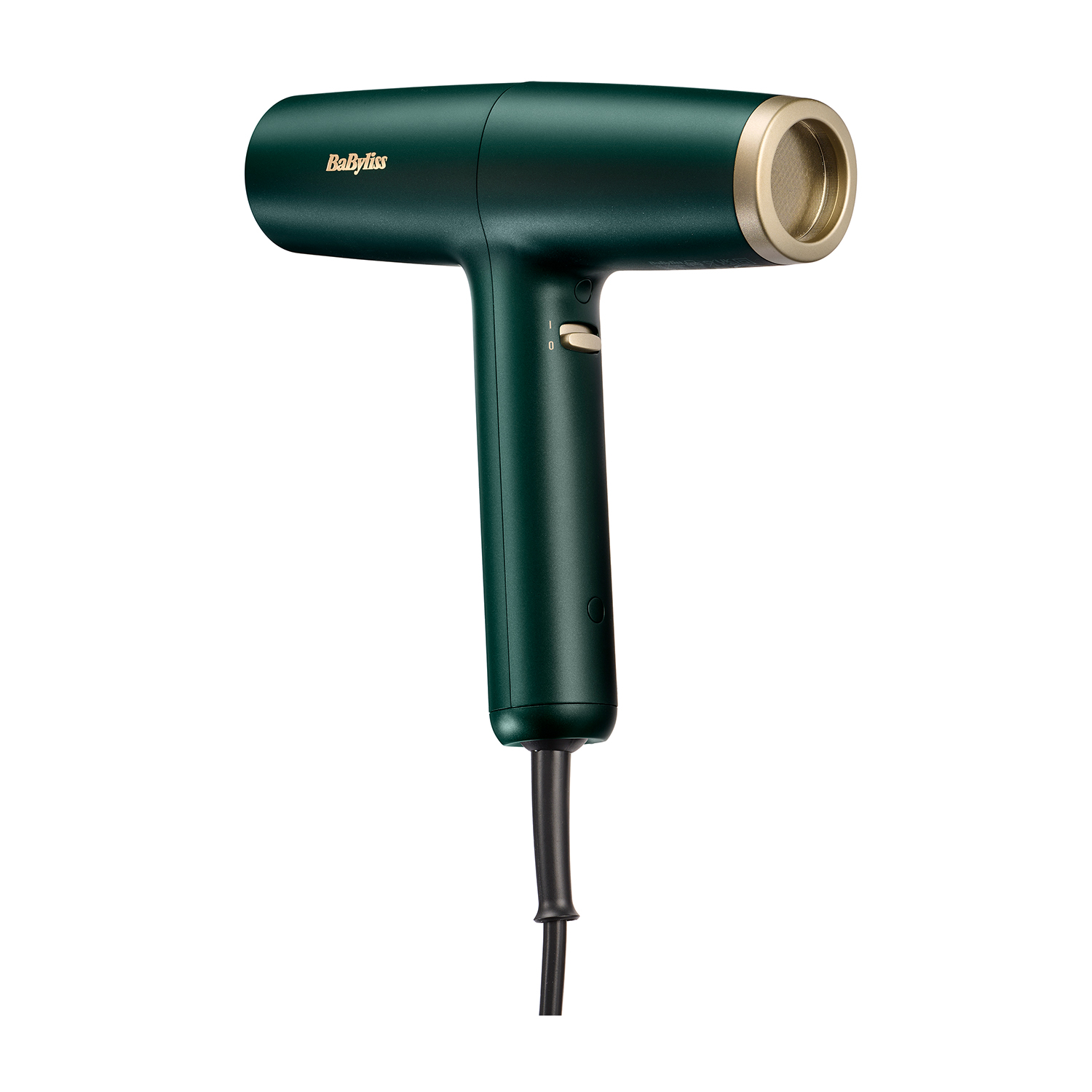 Asciugacapelli verde scuro e oro isolato su sfondo bianco, con il marchio visibile.
