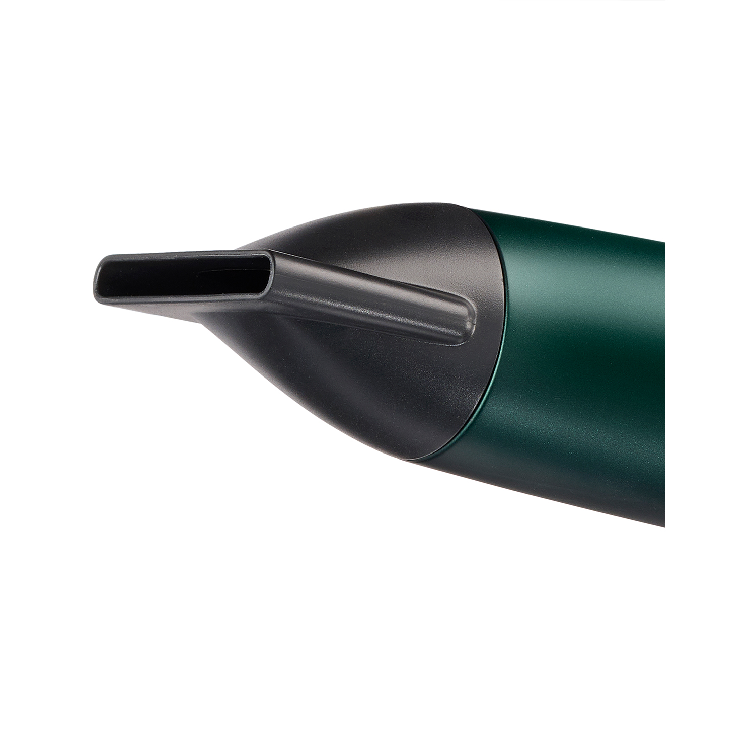 Primo piano di un ugello per aspirapolvere verde scuro e nero, angolato verso destra.