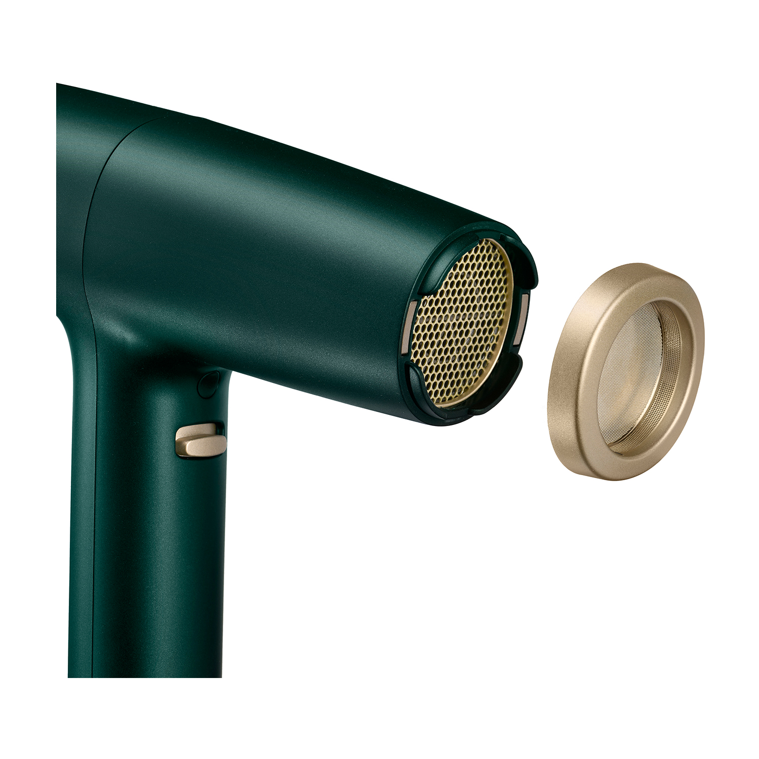 Un asciugacapelli verde con filtro dorato e accessorio dorato rimovibile.