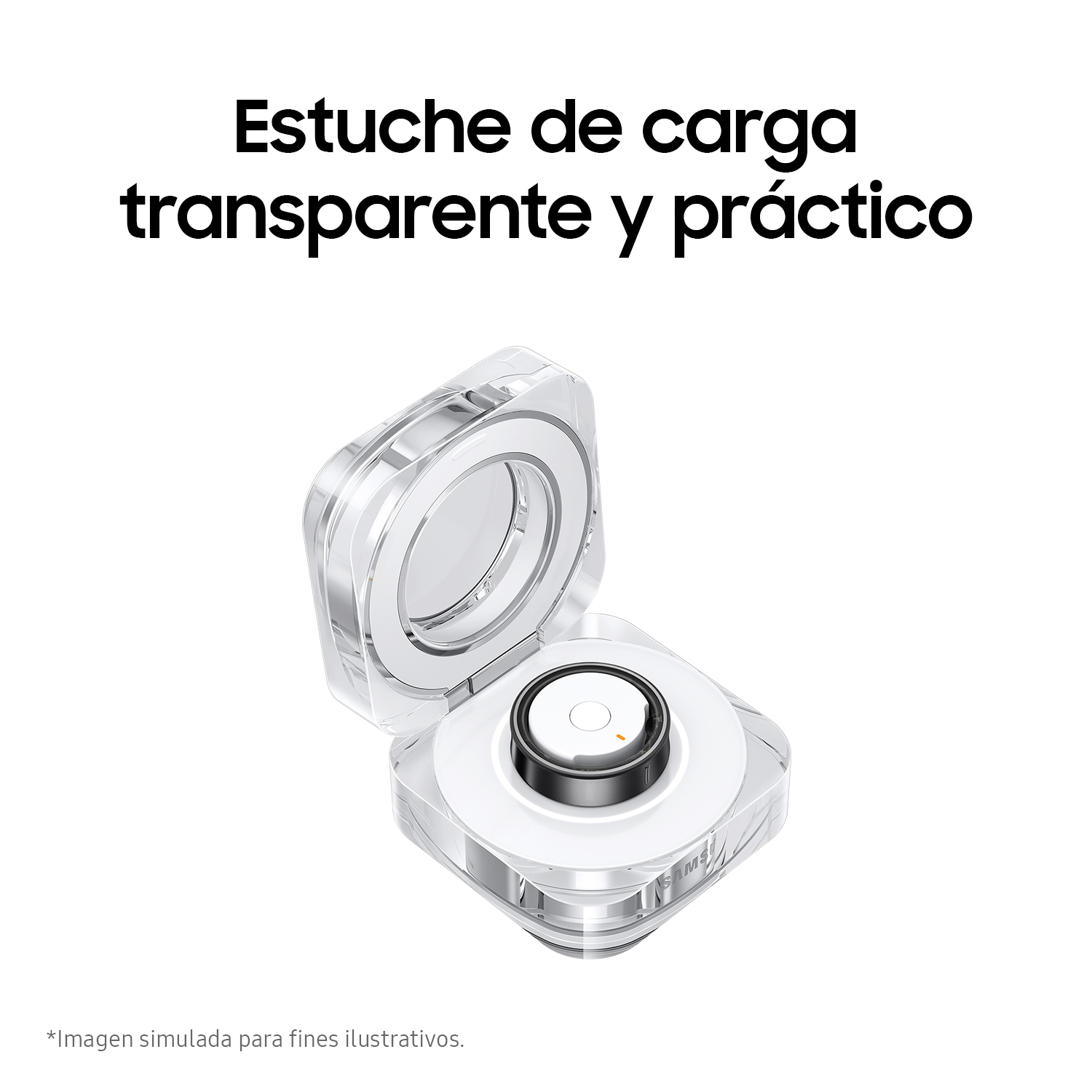 Funda de carga transparente con auriculares dentro. La funda está abierta. Círculo pequeño en el medio.