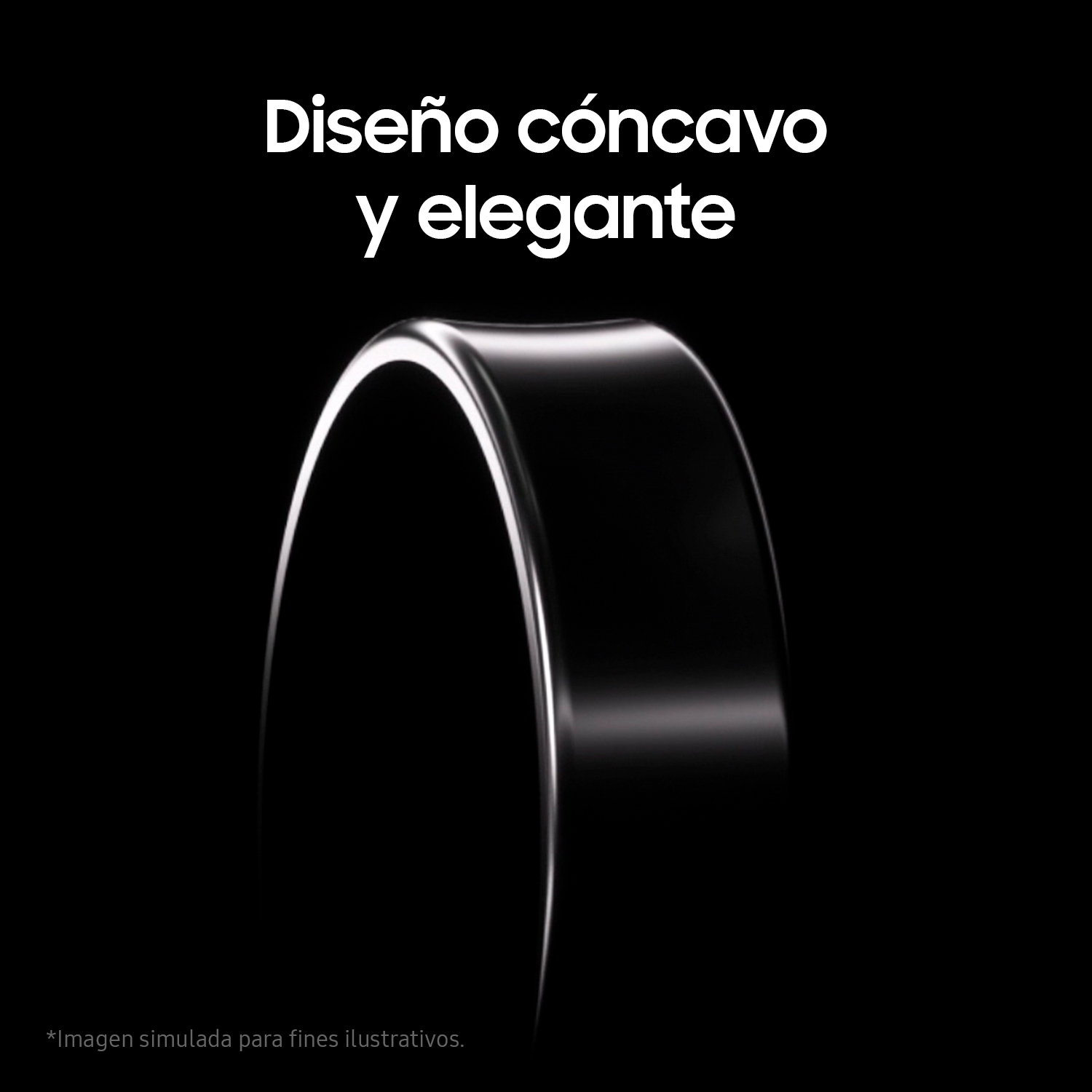 Una superficie negra curva y brillante con el texto 'Diseño cóncavo y elegante'.