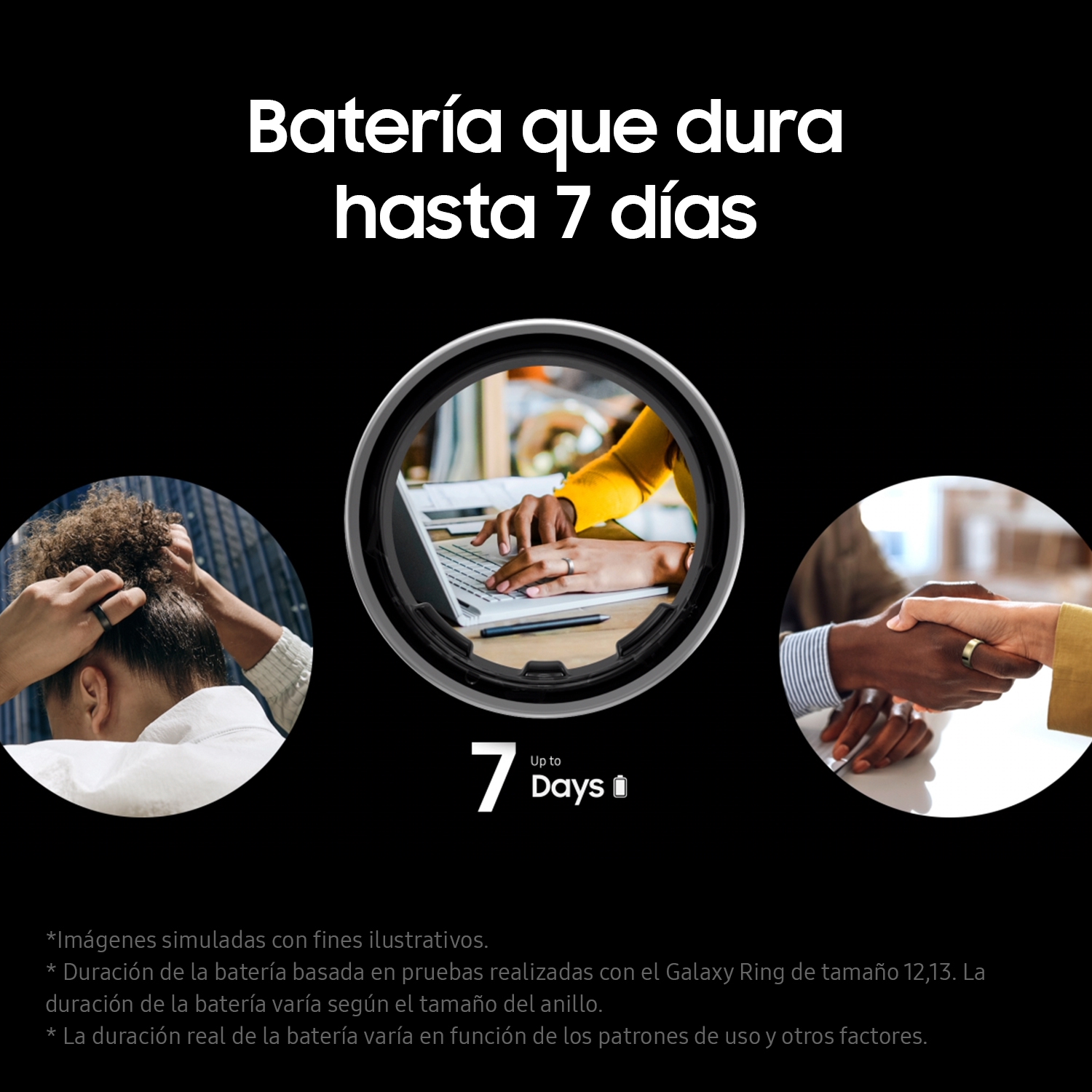 Tres imágenes mostrando personas usando un anillo negro. Texto: la batería dura hasta 7 días.