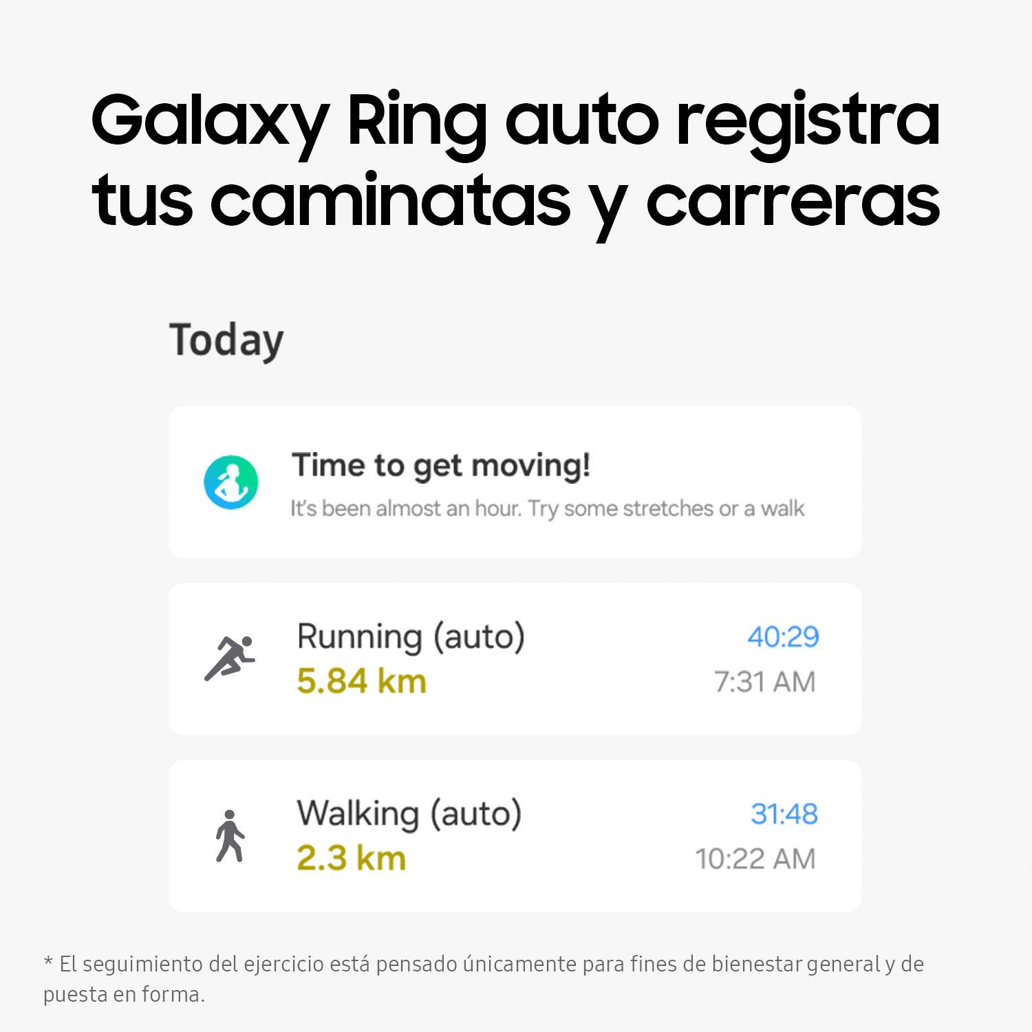 Captura de pantalla que muestra datos de fitness: Correr, caminar y hora de moverse.